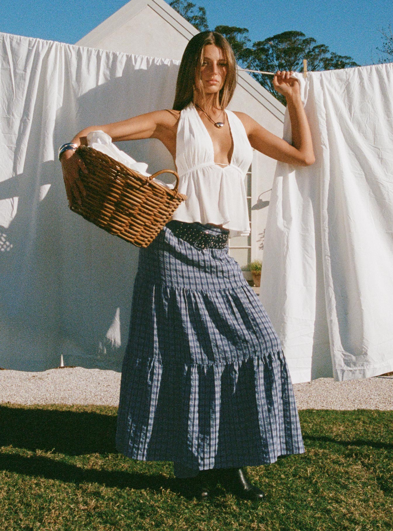 Rockwell Tiered Midi Skirt Navy Check - Image 10
