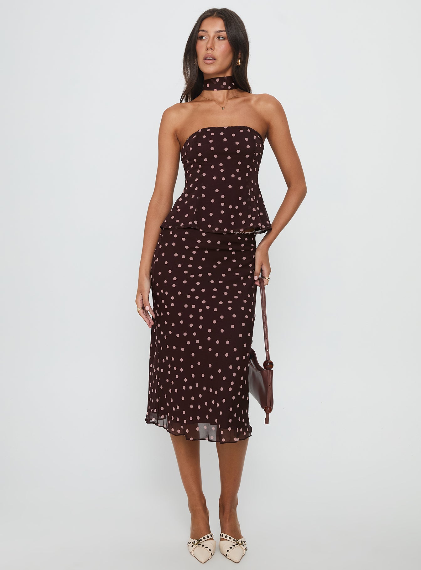 Sydni Midi Bias Cut Skirt Chocolate Pink Polka - Image 3