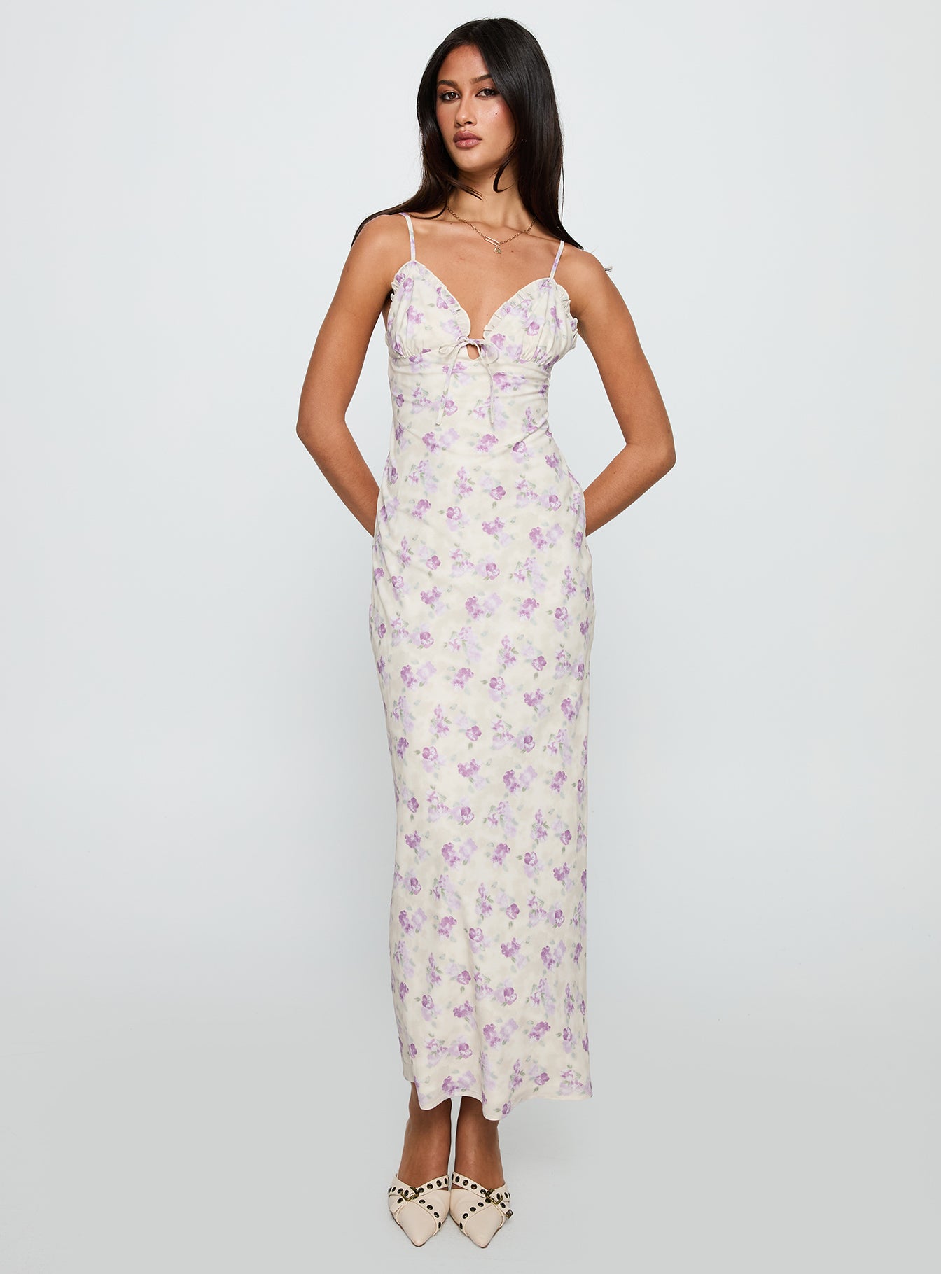 Jessamine Frill Maxi Dress White Lilac - Image 3