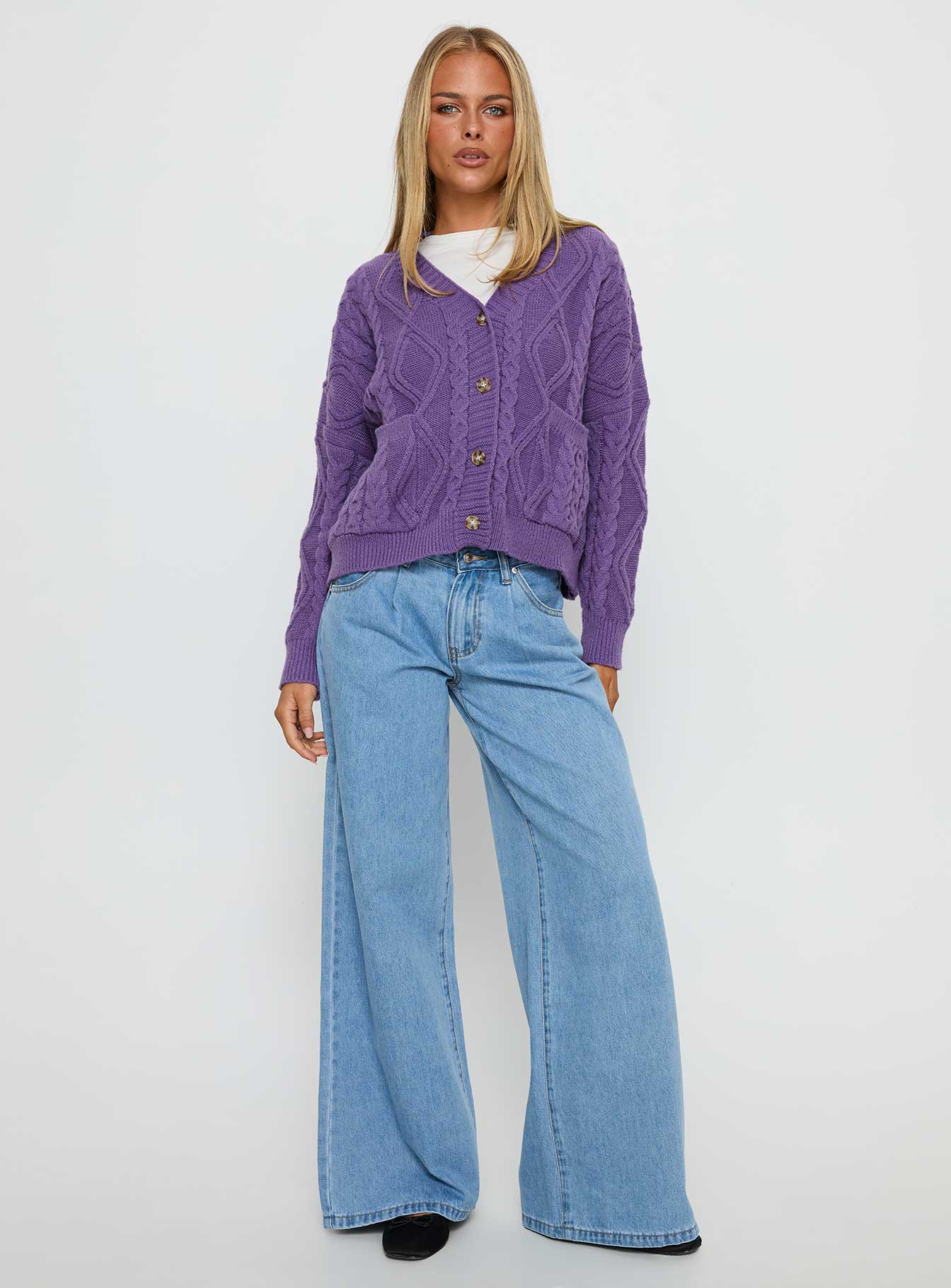 Dillian Cable Knit Cardigan Purple - Image 2