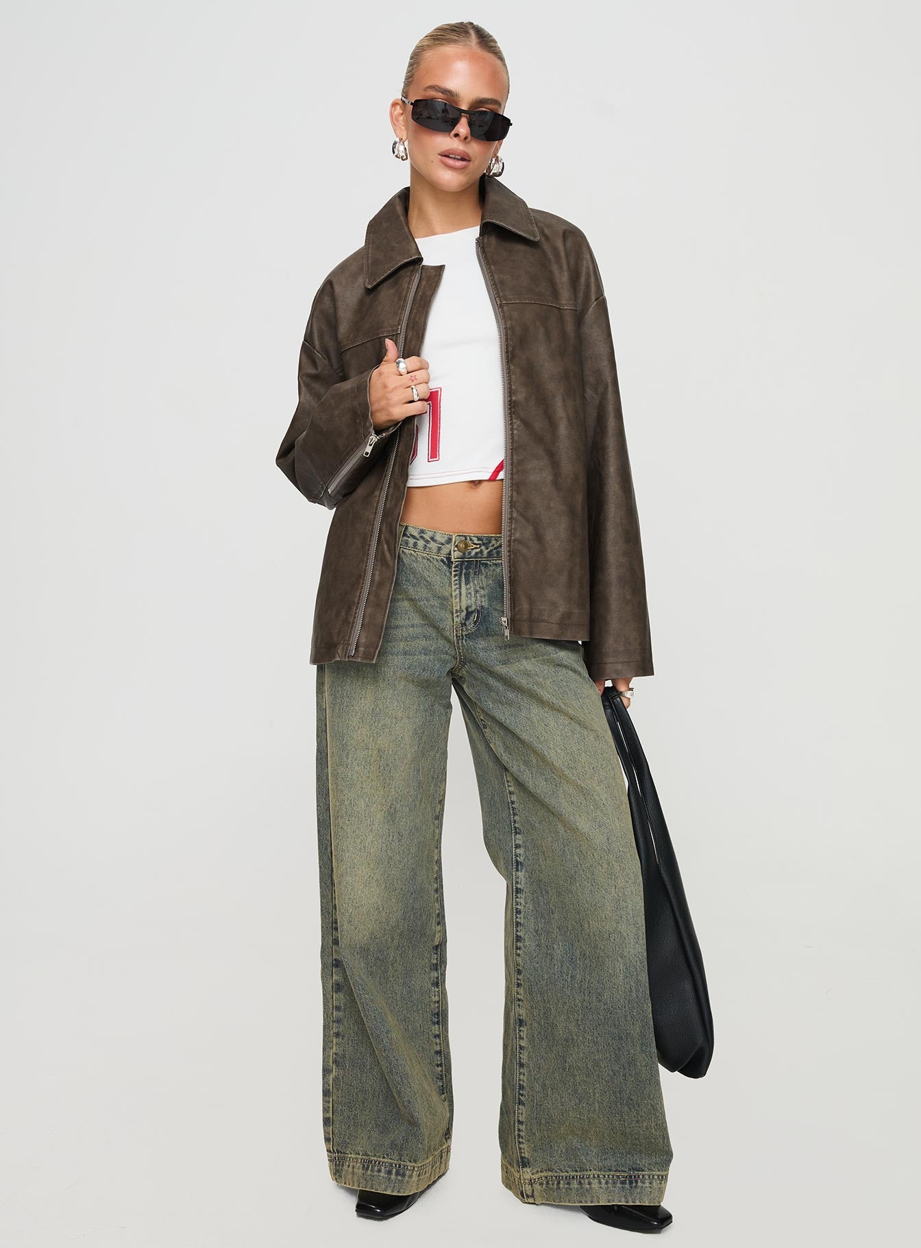 Faux Leather Collared Dad Jacket Washed Brown - Image 3