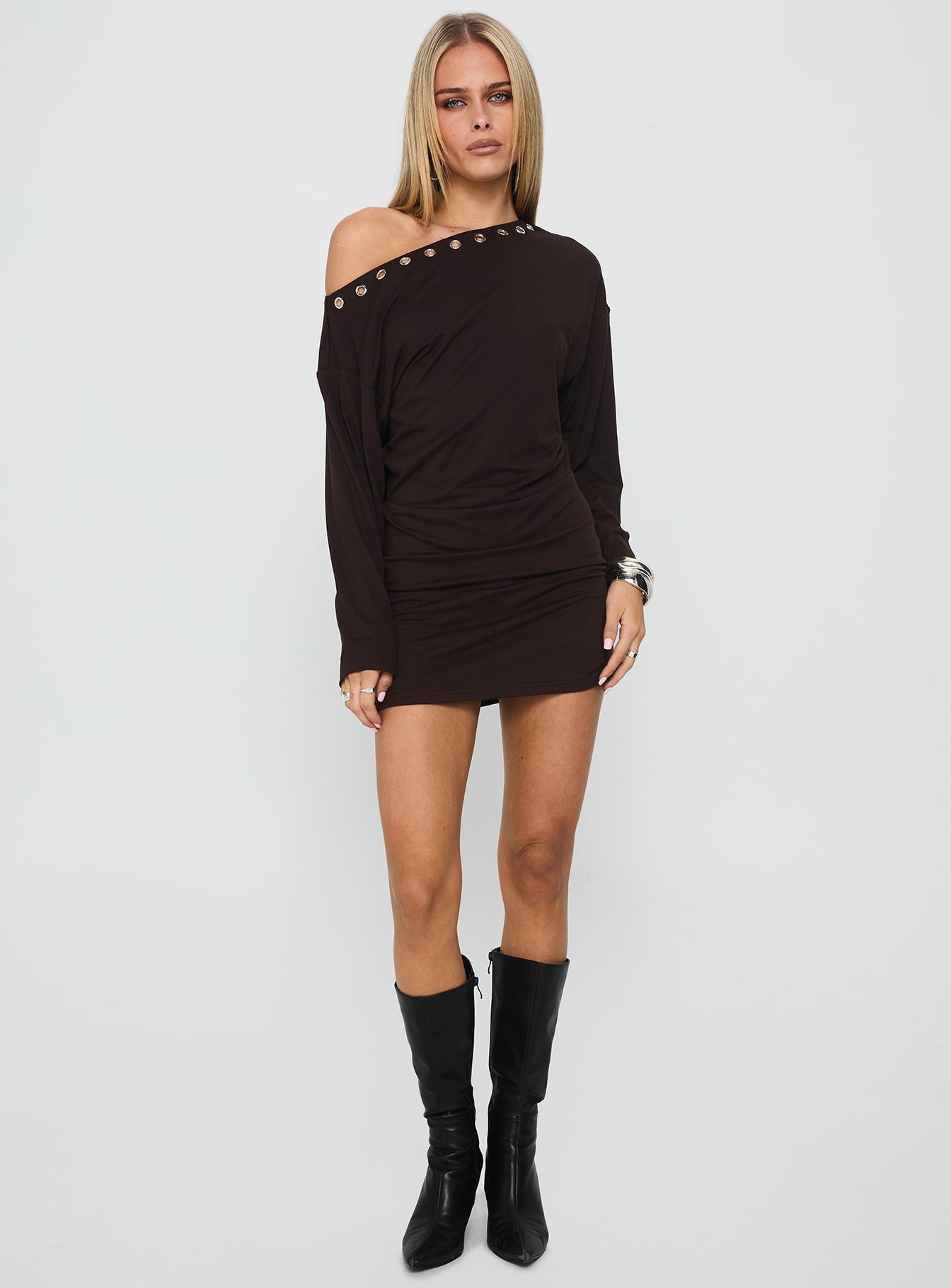 Sakaia Long Sleeve Eyelet Mini Dress Brown - Image 3