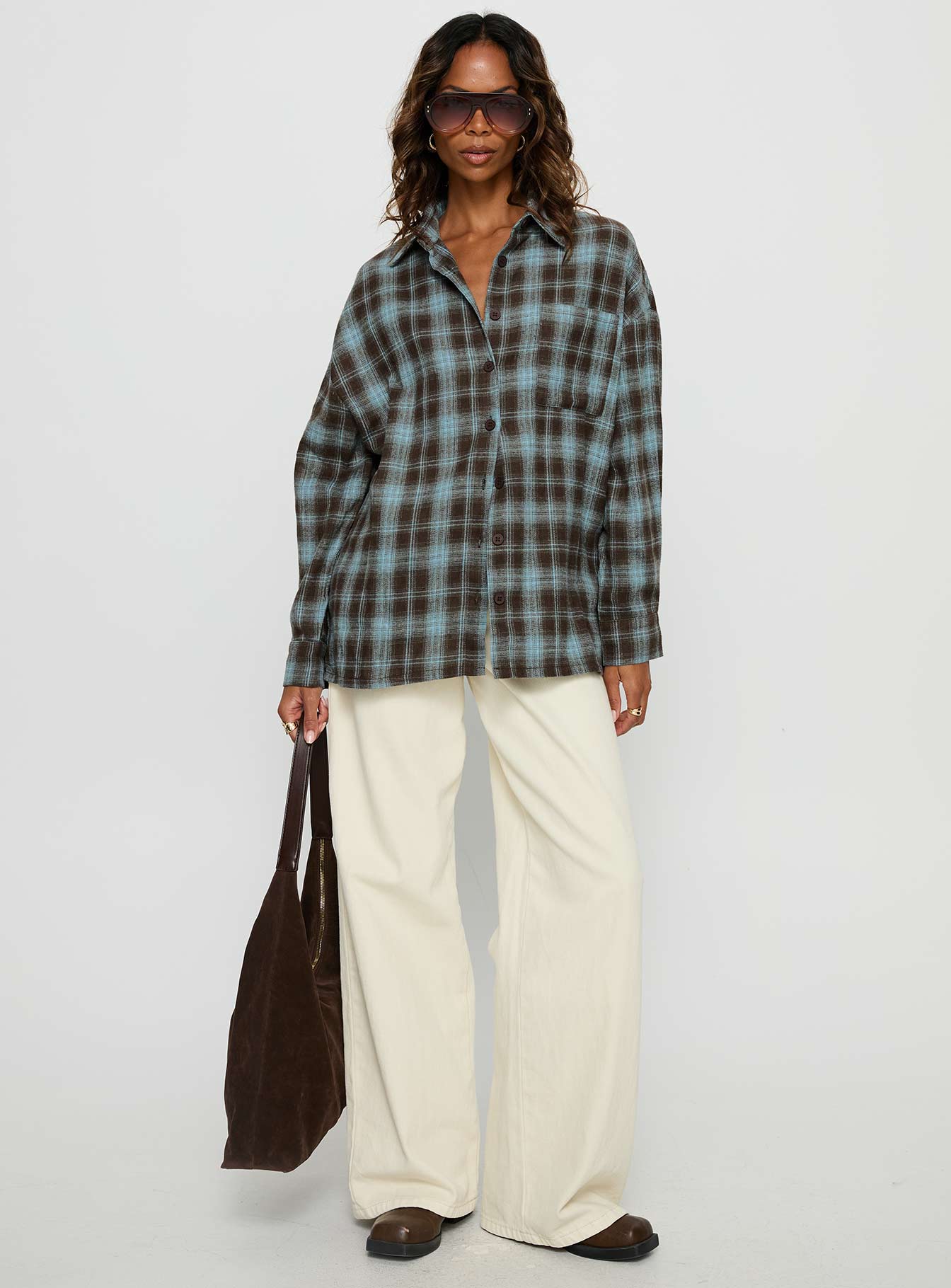 Perlita Long Sleeve Collared Shirt Brown Check - Image 3