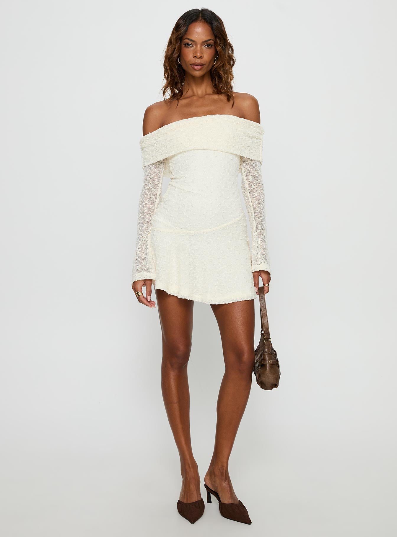Ivee Off Shoulder Long Sleeve Mini Dress Cream - Image 3