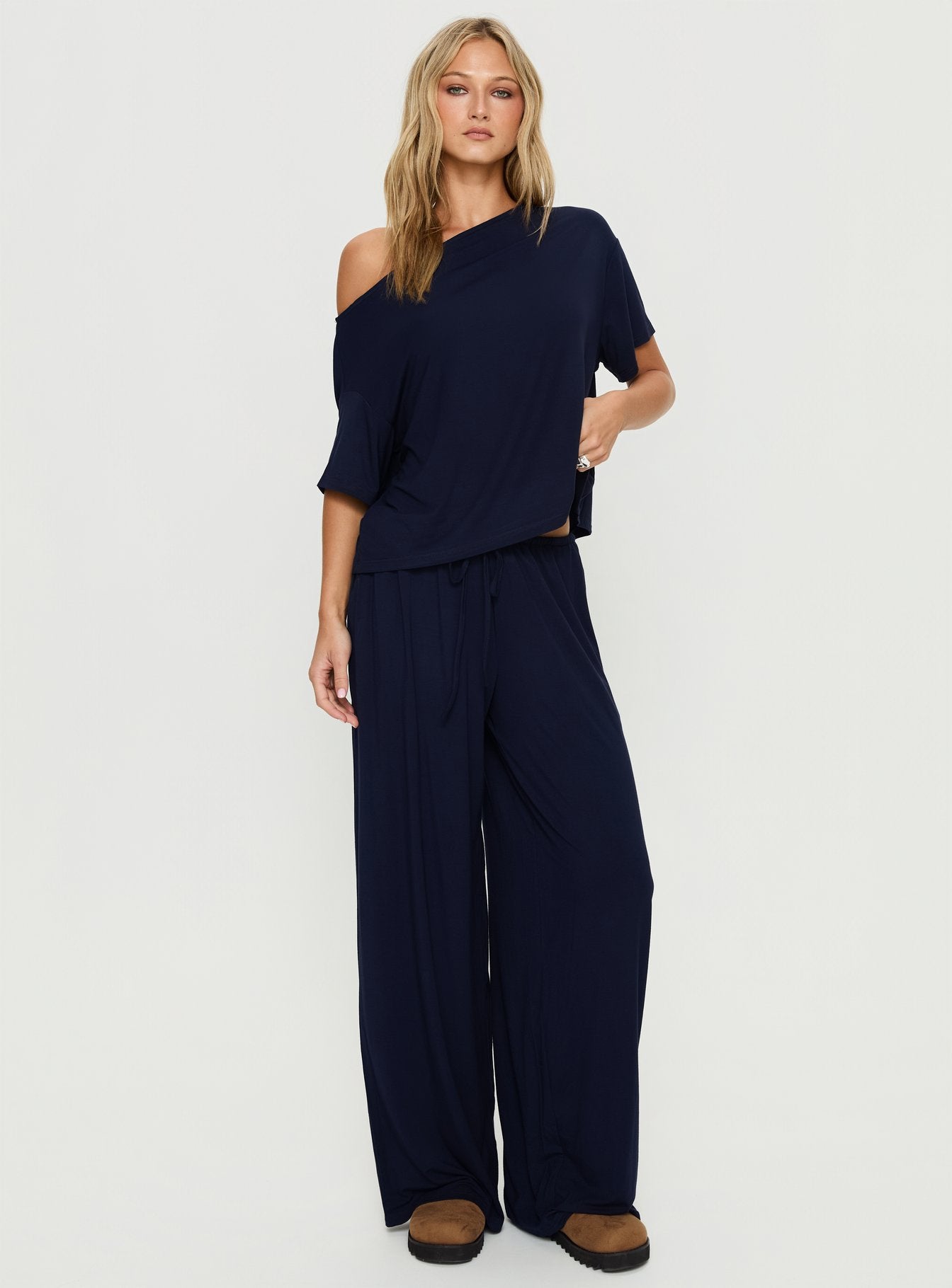 Cozy Hour Sleep Relaxed Off Shoulder Top Navy - Image 3