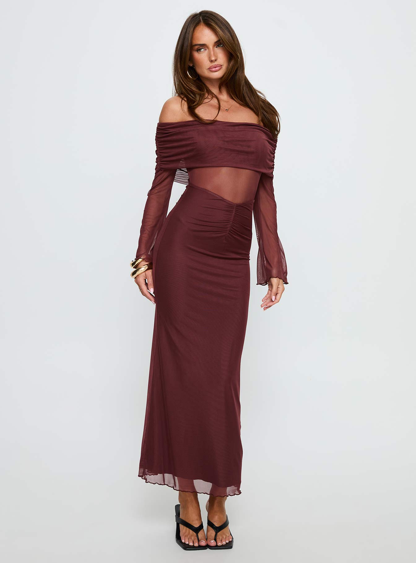 Velouria Off Shoulder Long Sleeve Maxi Dress Brown - Image 3