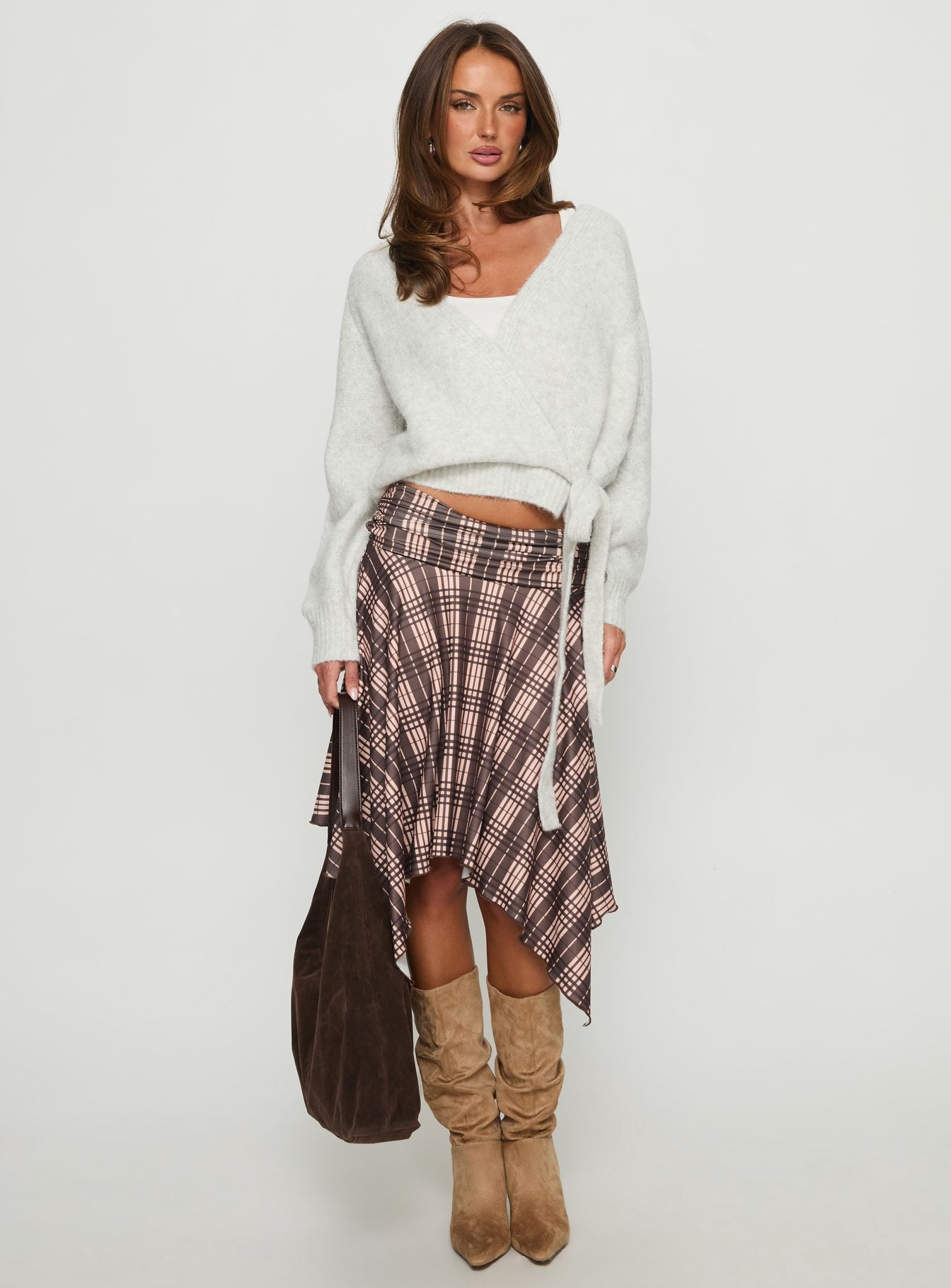 Scholar Asymmetrical Midi Skirt Brown Check - Image 3