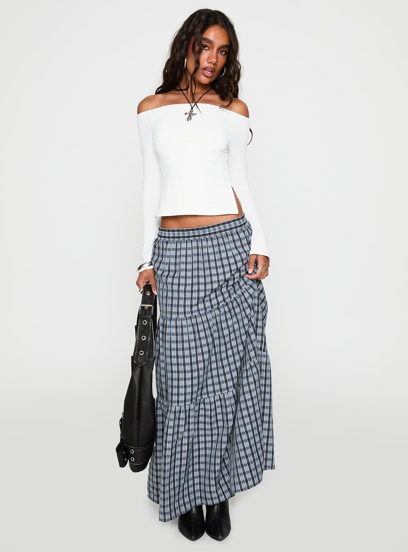 Rockwell Tiered Midi Skirt Navy Check - Image 3