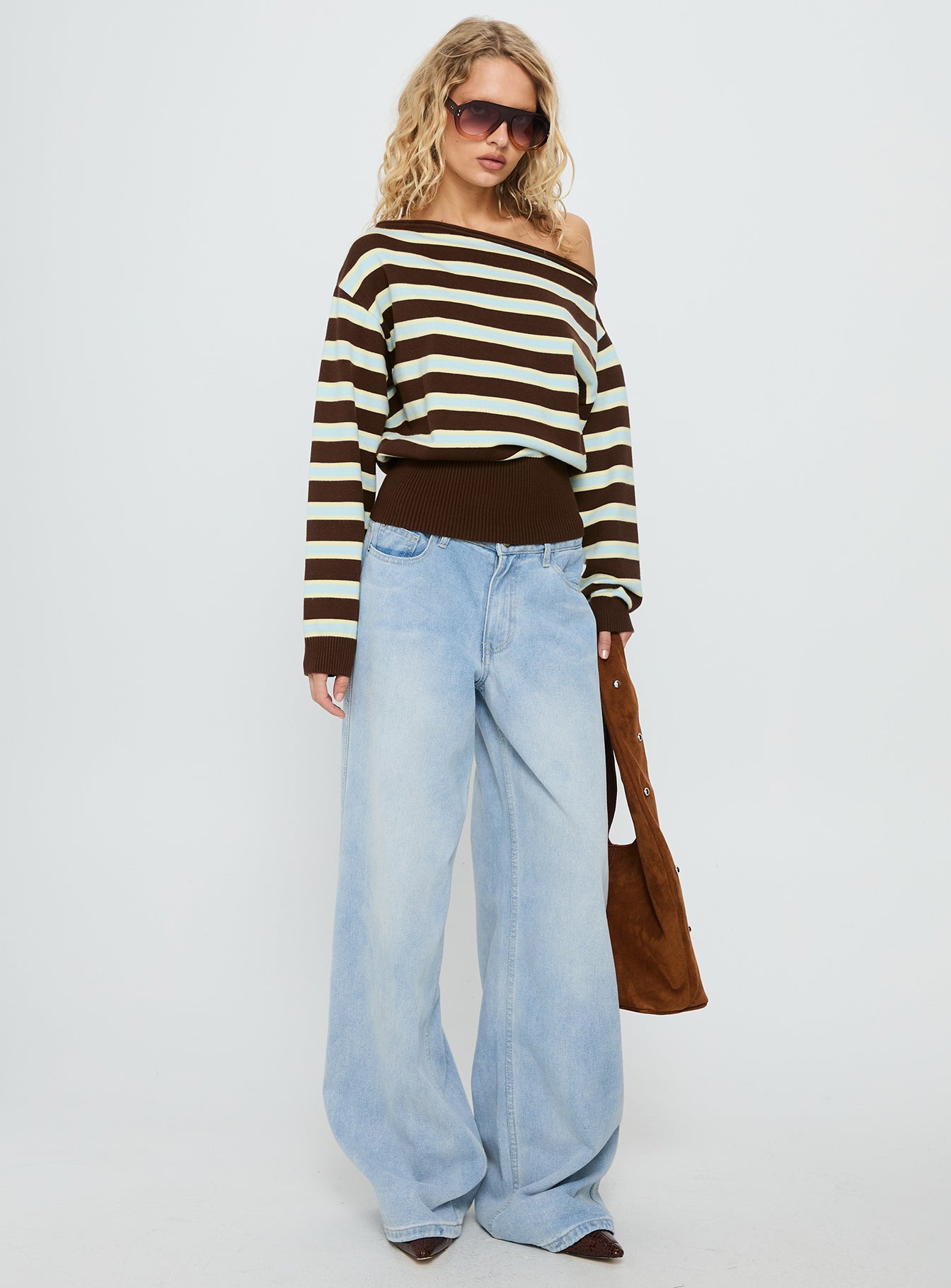 Zinia Off Shoulder Knit Sweater Brown Blue Stripe - Image 3