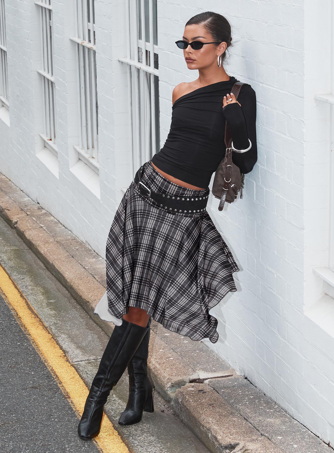Scholar Asymmetrical Midi Skirt Grey Check - Image 2