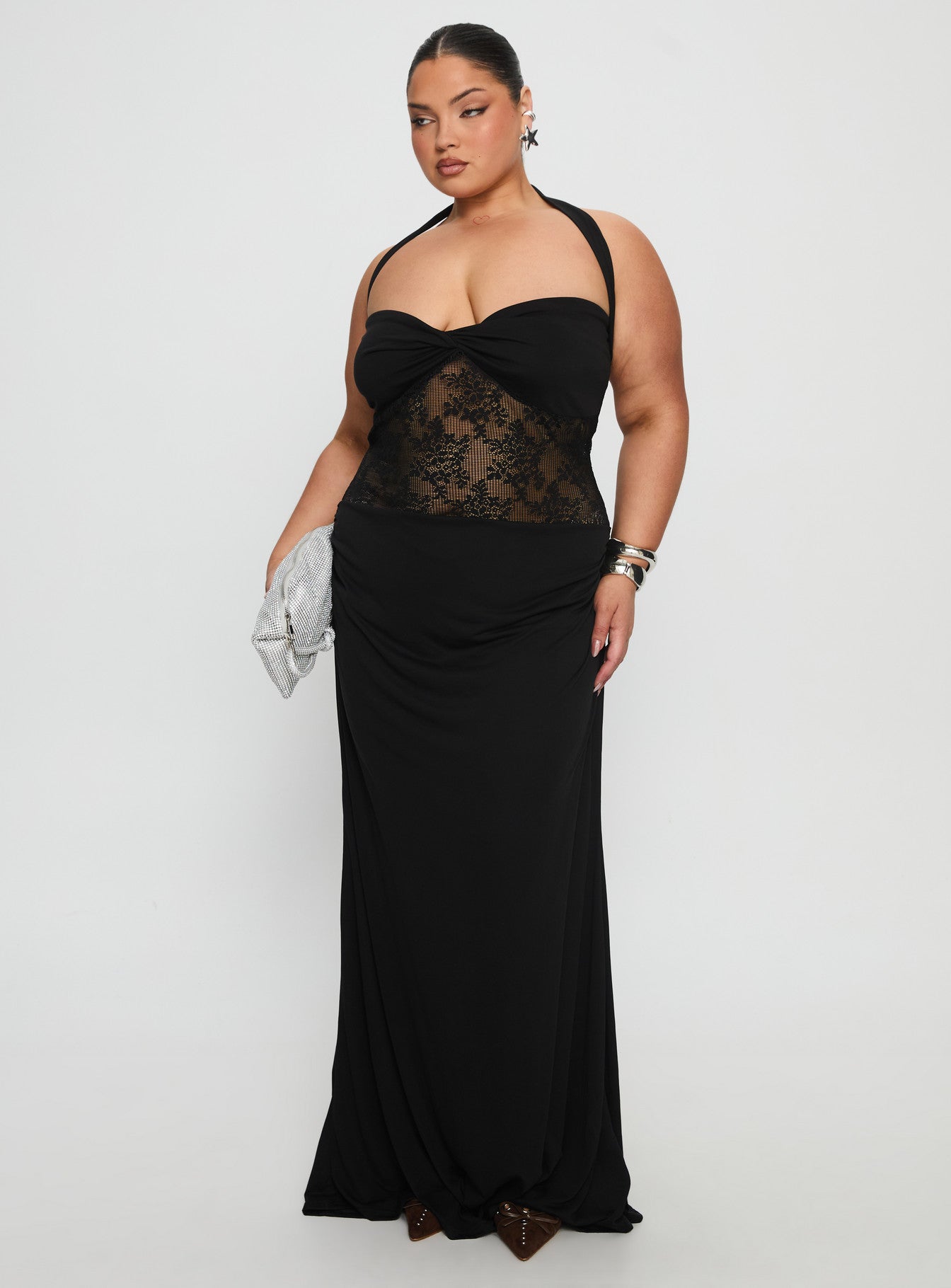 Adalyne Lace Halter Maxi Dress Black Curve - Image 2