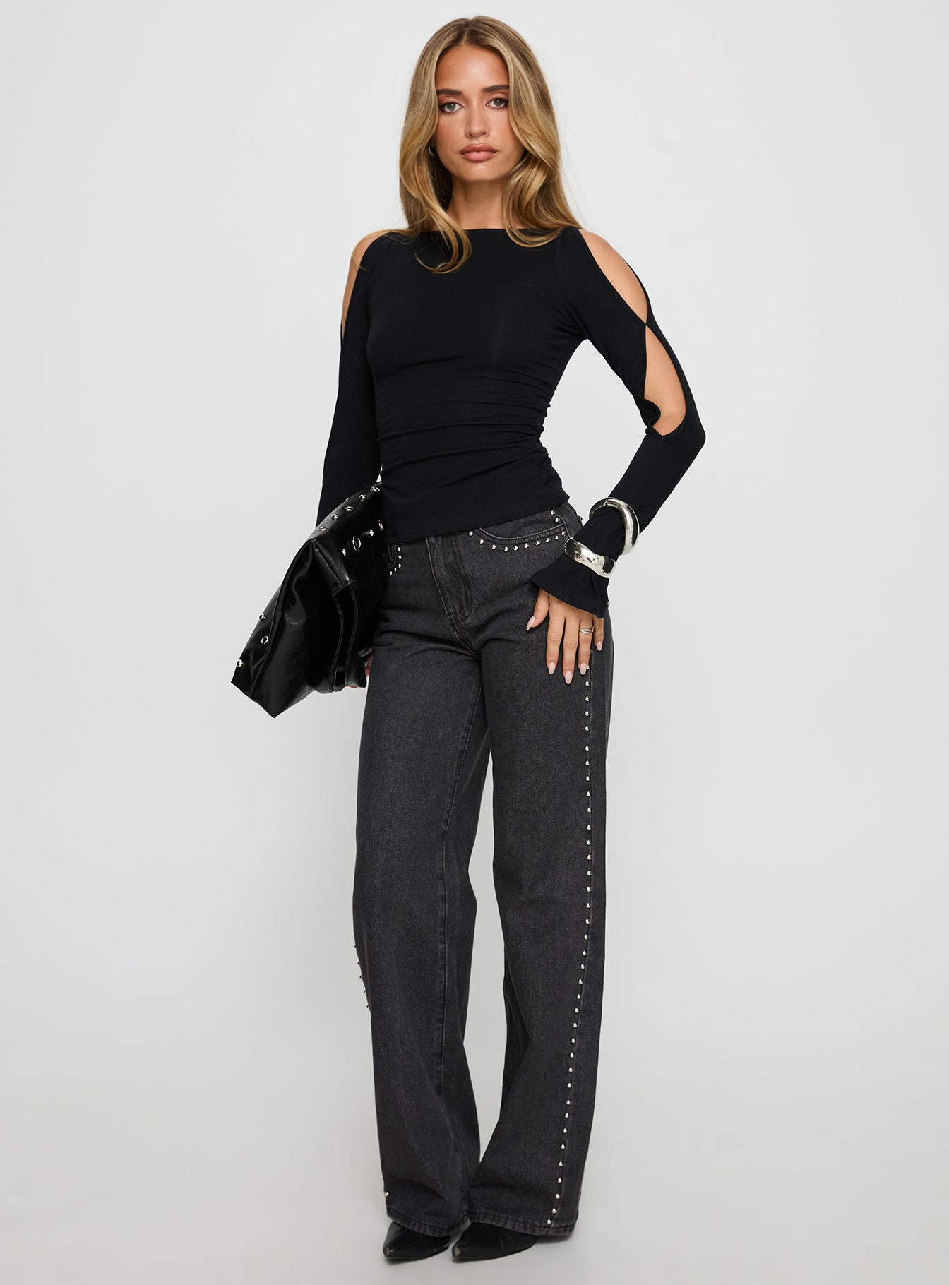Mariko Side Split Long Sleeve Top Black - Image 2