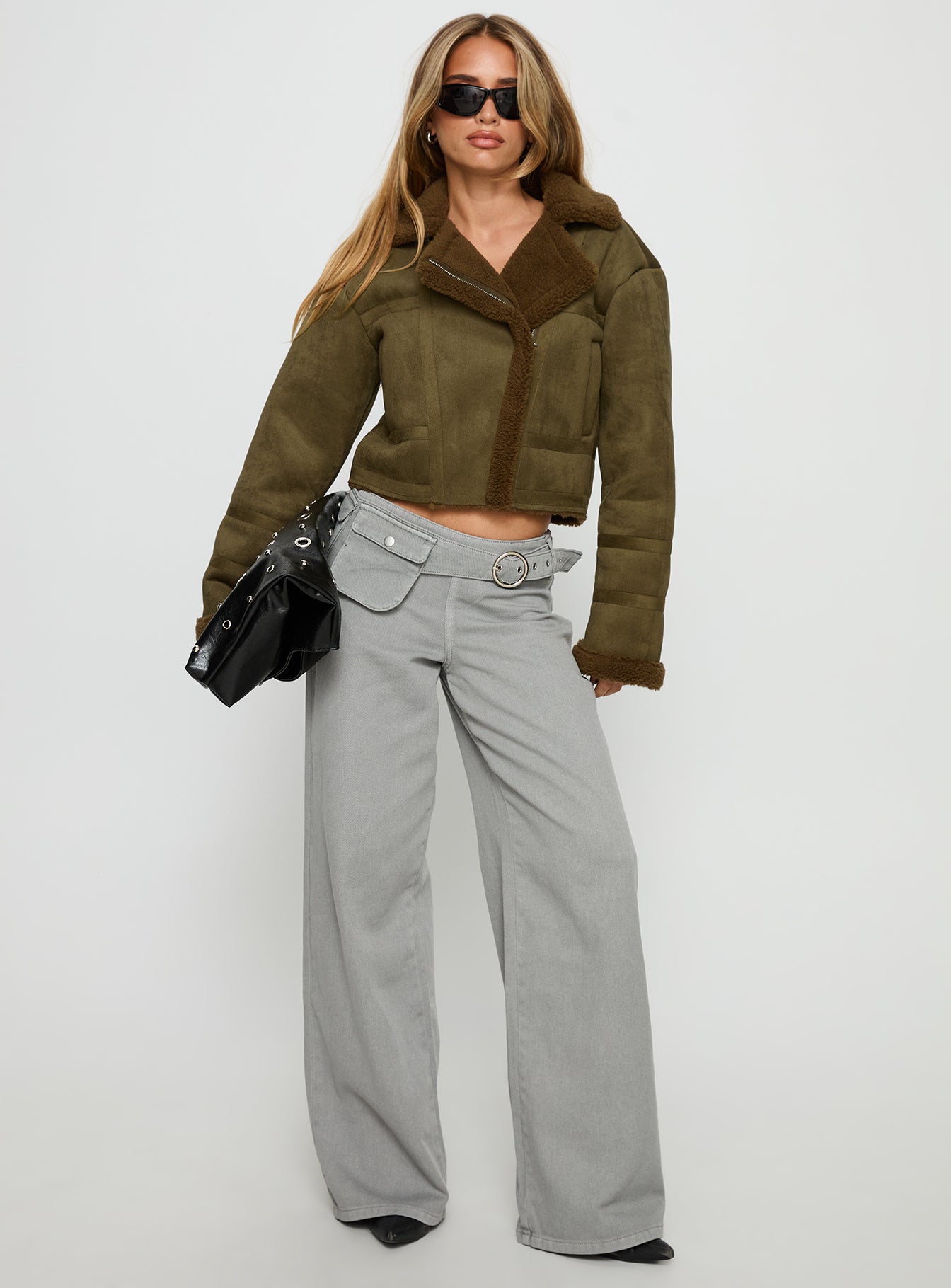 Swooning Cropped Faux Suede Jacket Green - Image 2