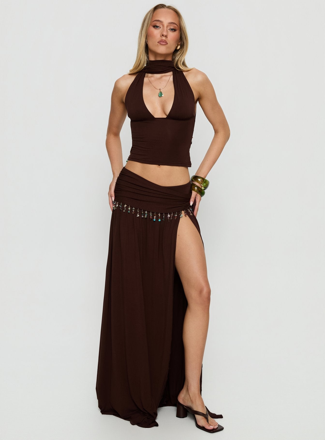 Spirita Beaded Halter Top Brown - Image 3