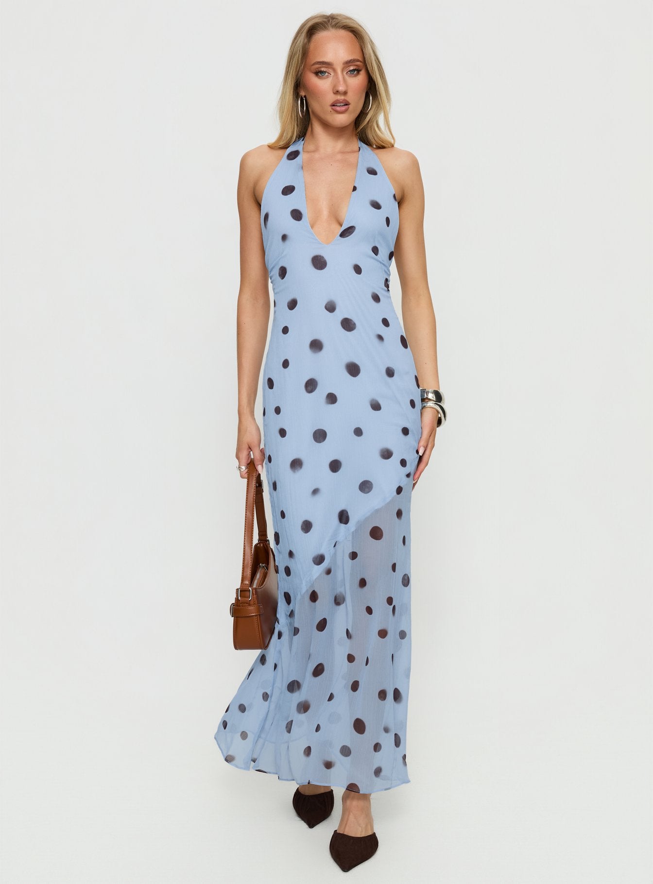 Oralee Halter Sheer Maxi Dress Blue Polka Dot - Image 3