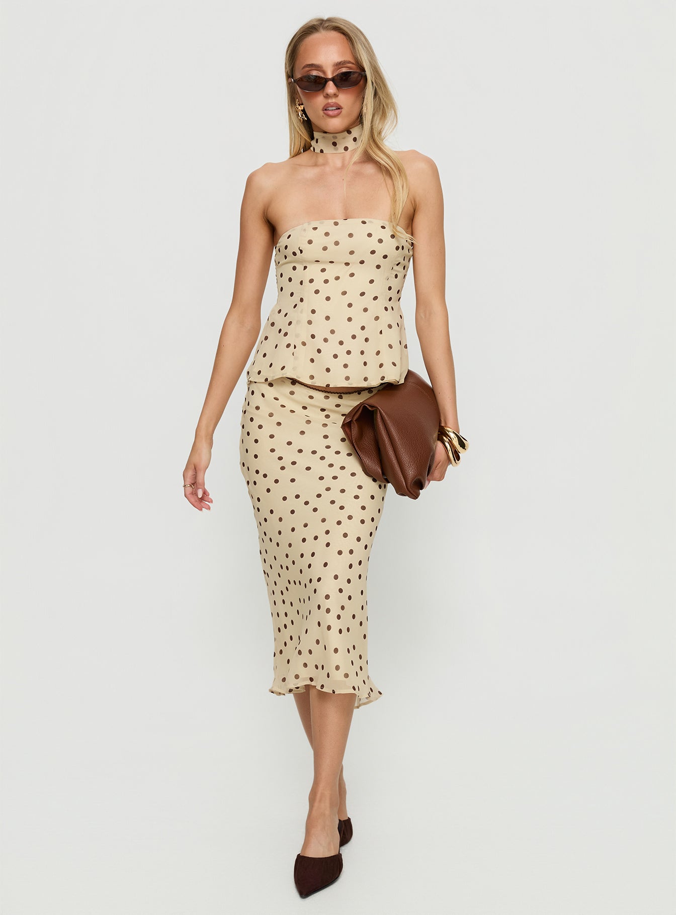 Sydni Midi Bias Cut Skirt Yellow Chocolate Polka - Image 3