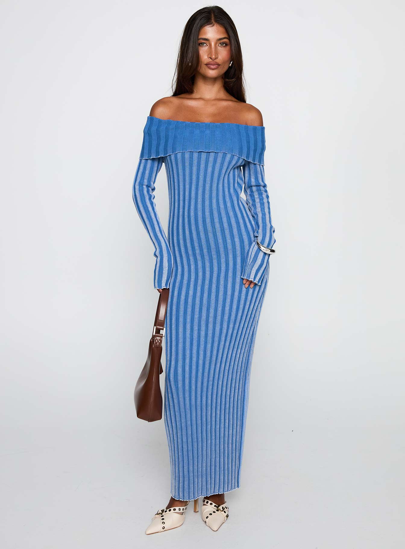 Mariska Long Sleeve Rib Maxi Dress Blue - Image 3