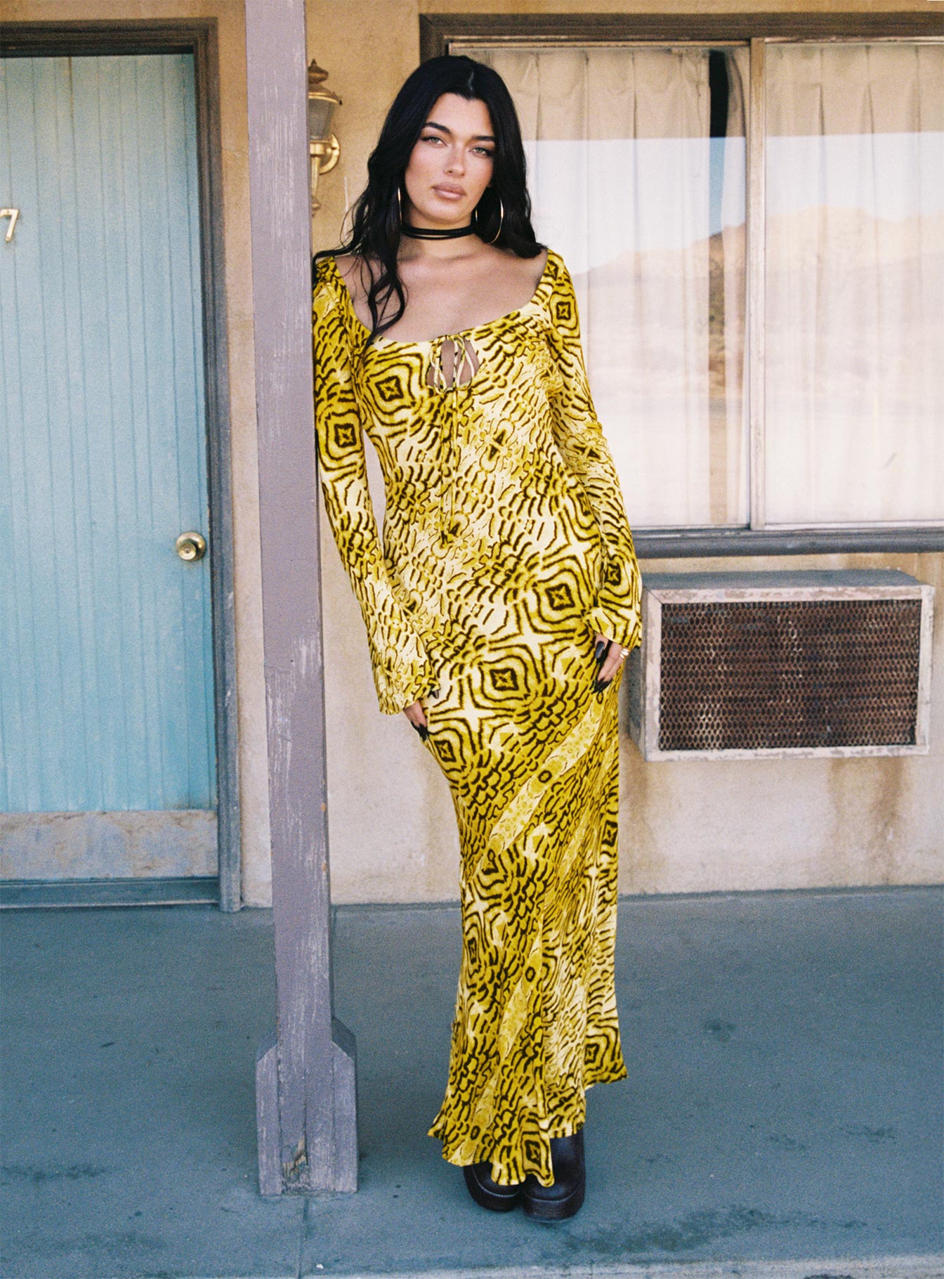 Setting Sun Long Sleeve Maxi Dress Yellow Black - Image 2