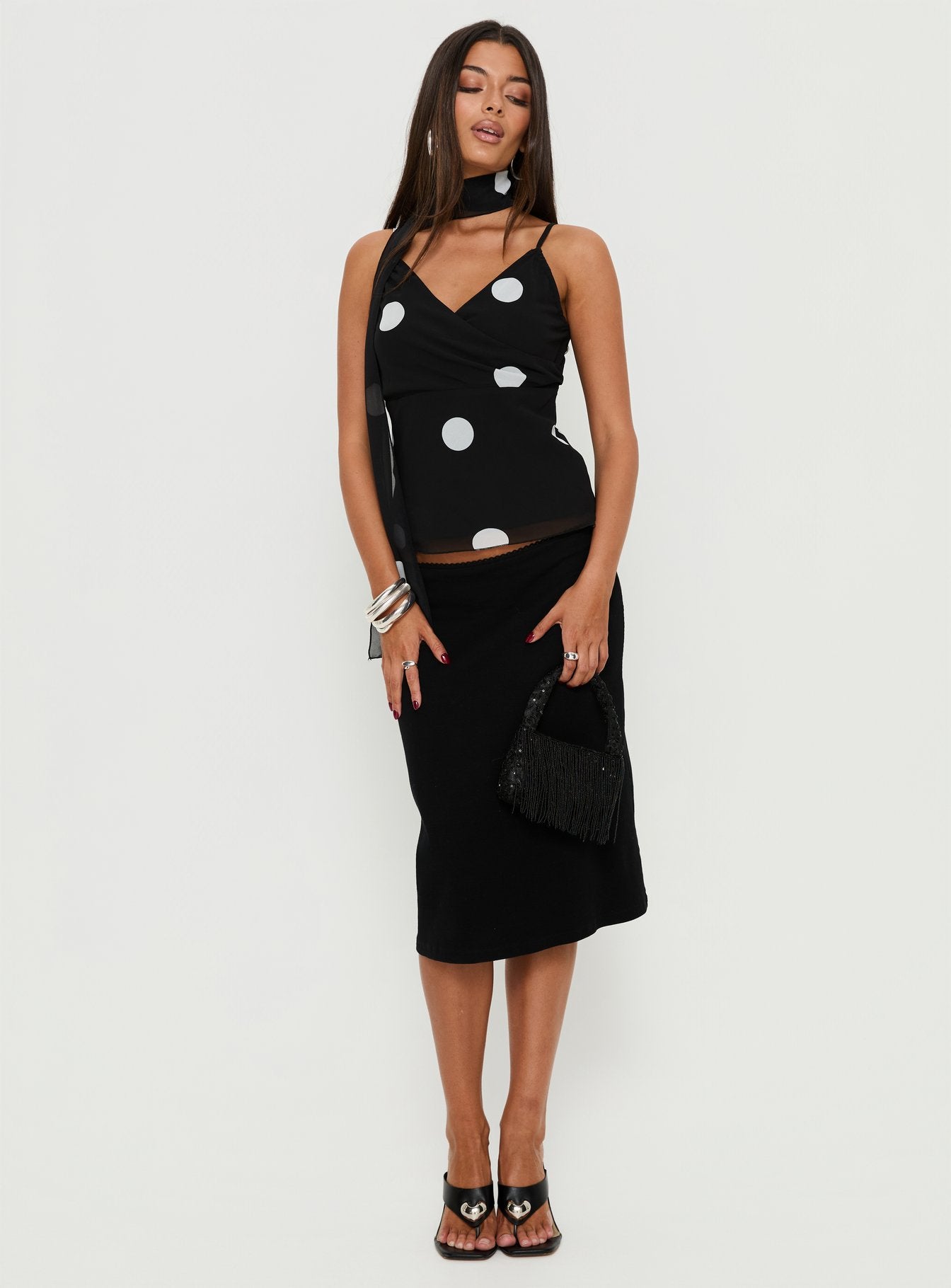 Jenae Scarf Detail Cami Top Black White Polka - Image 3