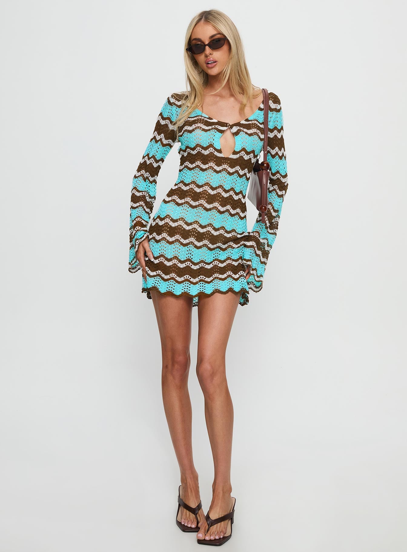 Suka Long Sleeve Knit Mini Dress Brown Blue - Image 3