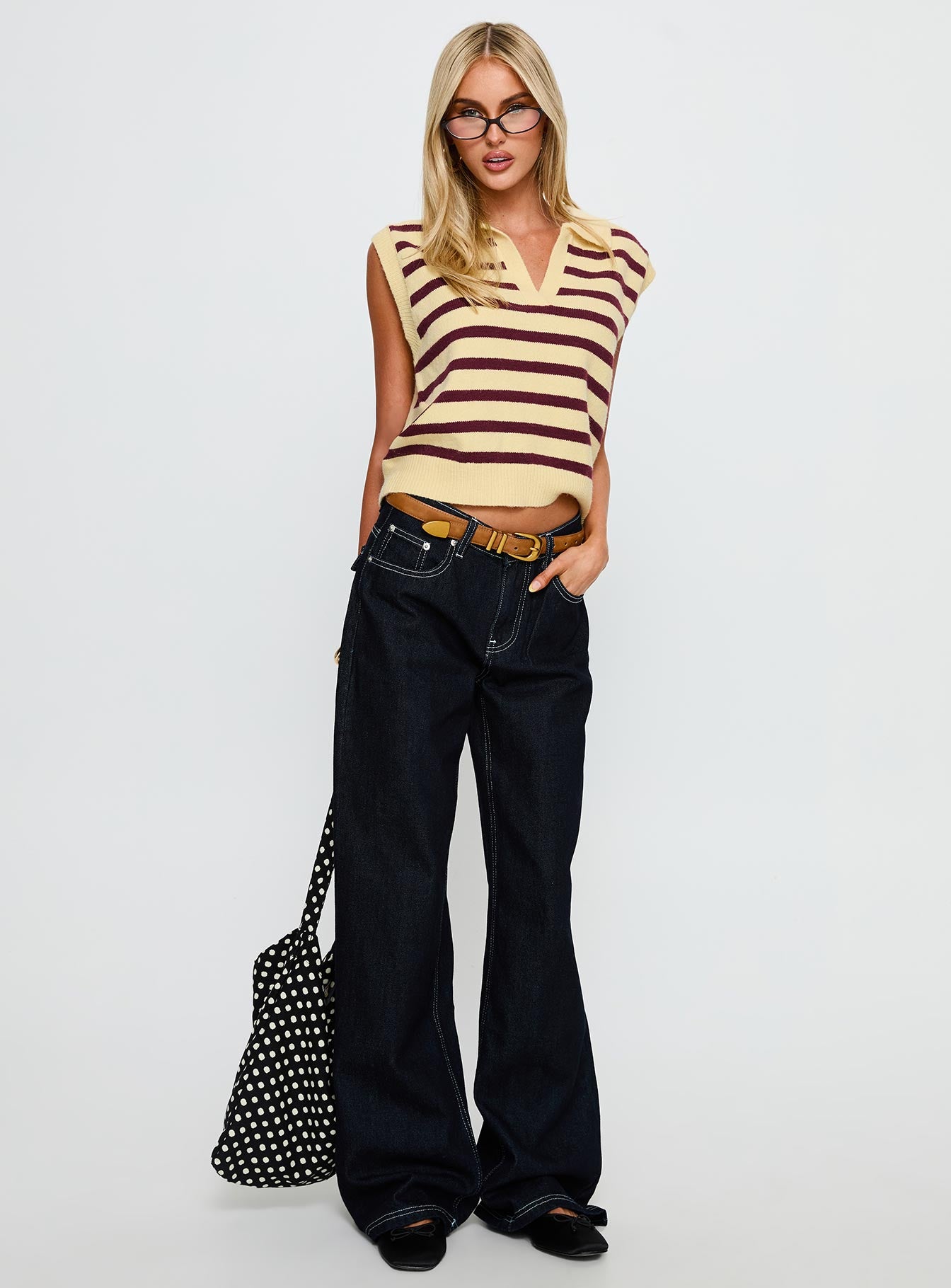 Yuliya Collared Sleeveless Top Lemon Burgundy Stripe - Image 3