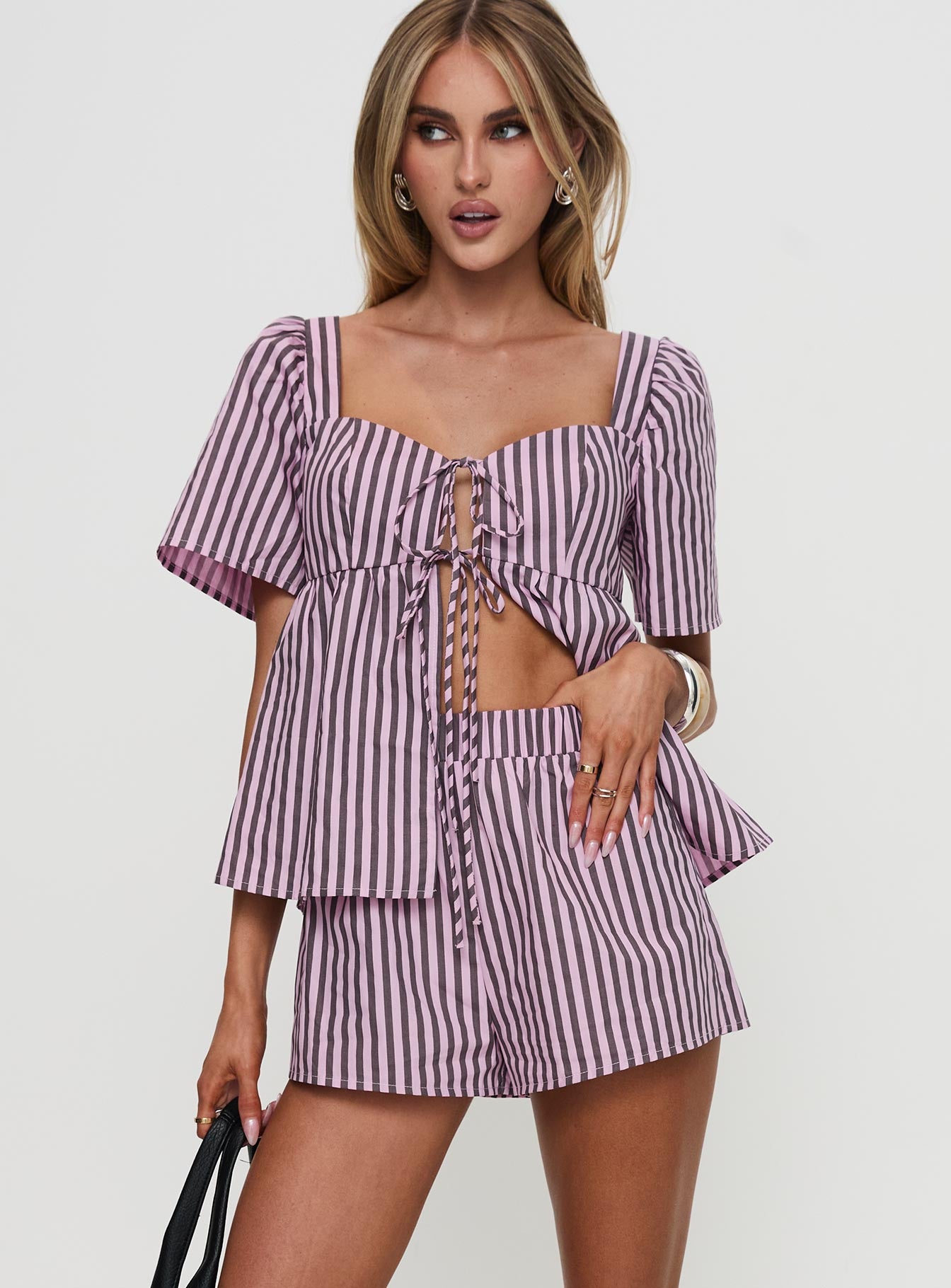 Two Young Hearts Tie Up Set Pink Brown Stripe - Image 3