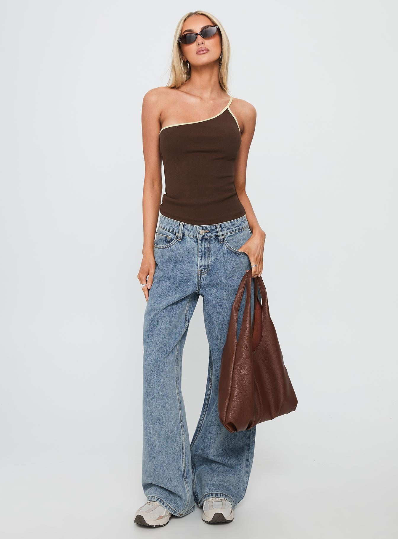 Hold It Down One Shoulder Contrast Top Chocolate Yellow - Image 3