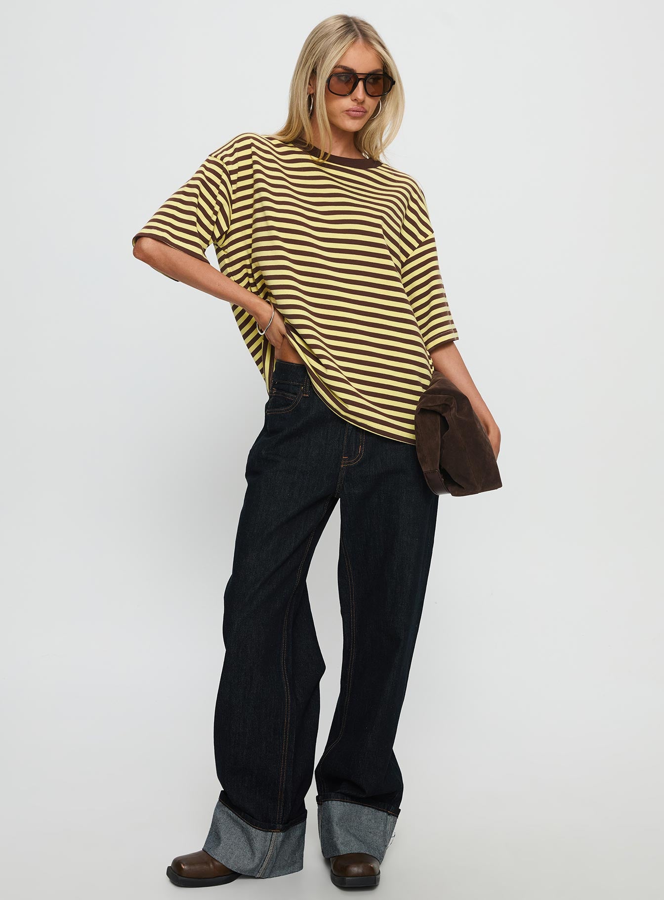 Settle Down Short Sleeve Top Yellow Brown Stripe - Image 3