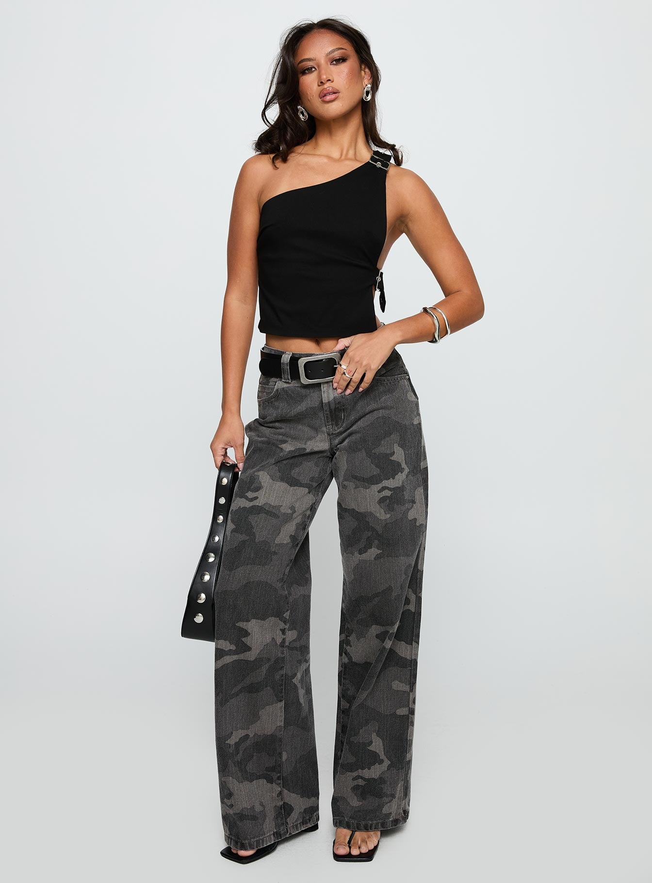 Buckled Down One Shoulder Top Black - Image 3