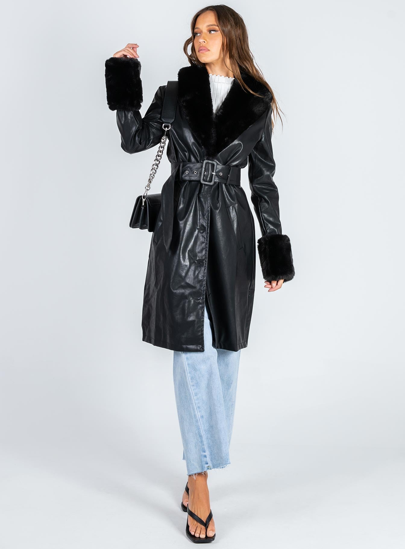 Brooklyn Faux Leather Long Coat Black - Image 4