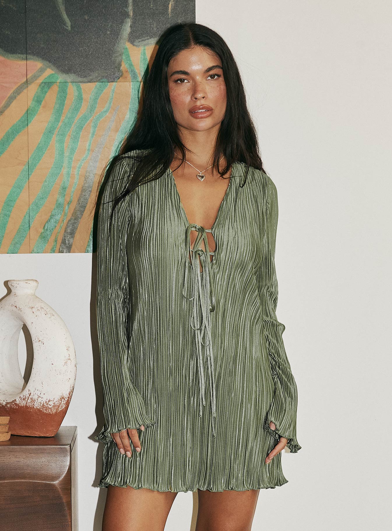 Malop Long Sleeve Mini Dress Sage - Image 3