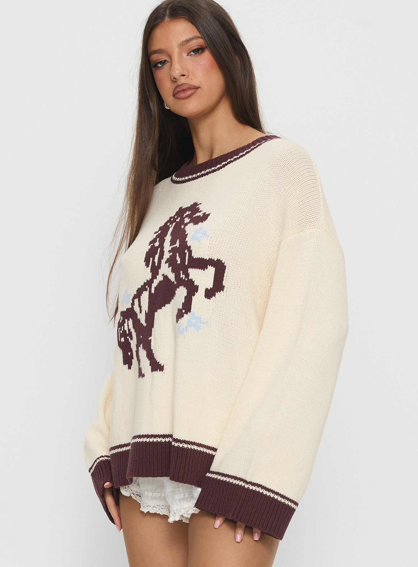 Rhianonn Horse Graphic Knit Sweater Cream Brown - Image 4