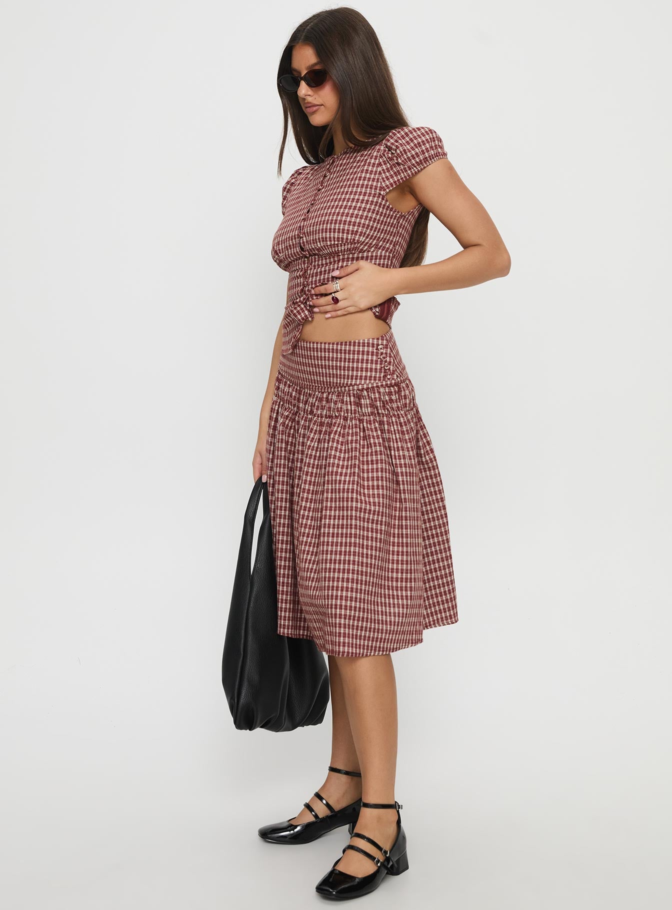 Alixandra Ruched Midi Skirt Red Check - Image 4