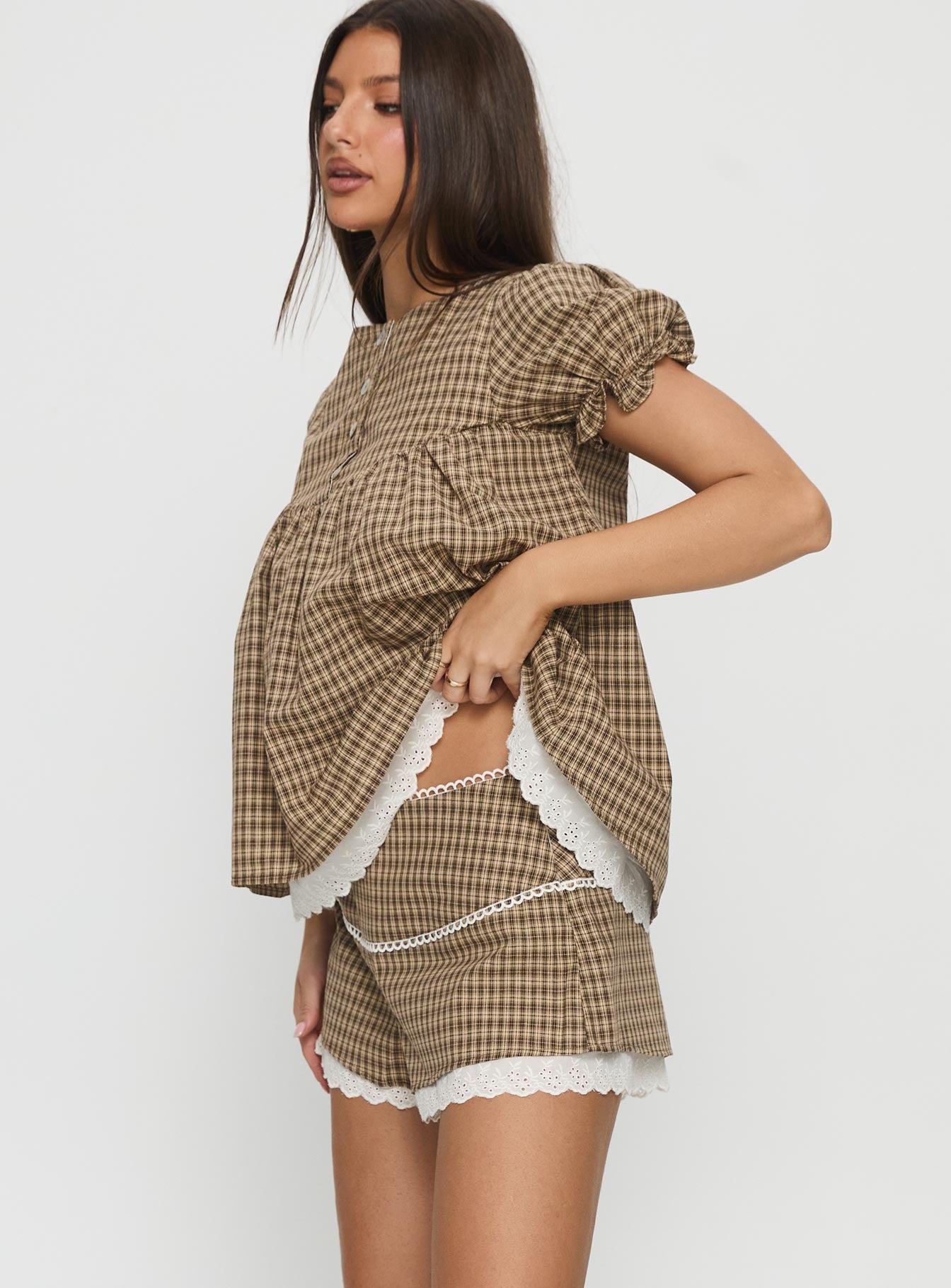 Chandelier Mini Lace Trim Shorts Brown Check - Image 4