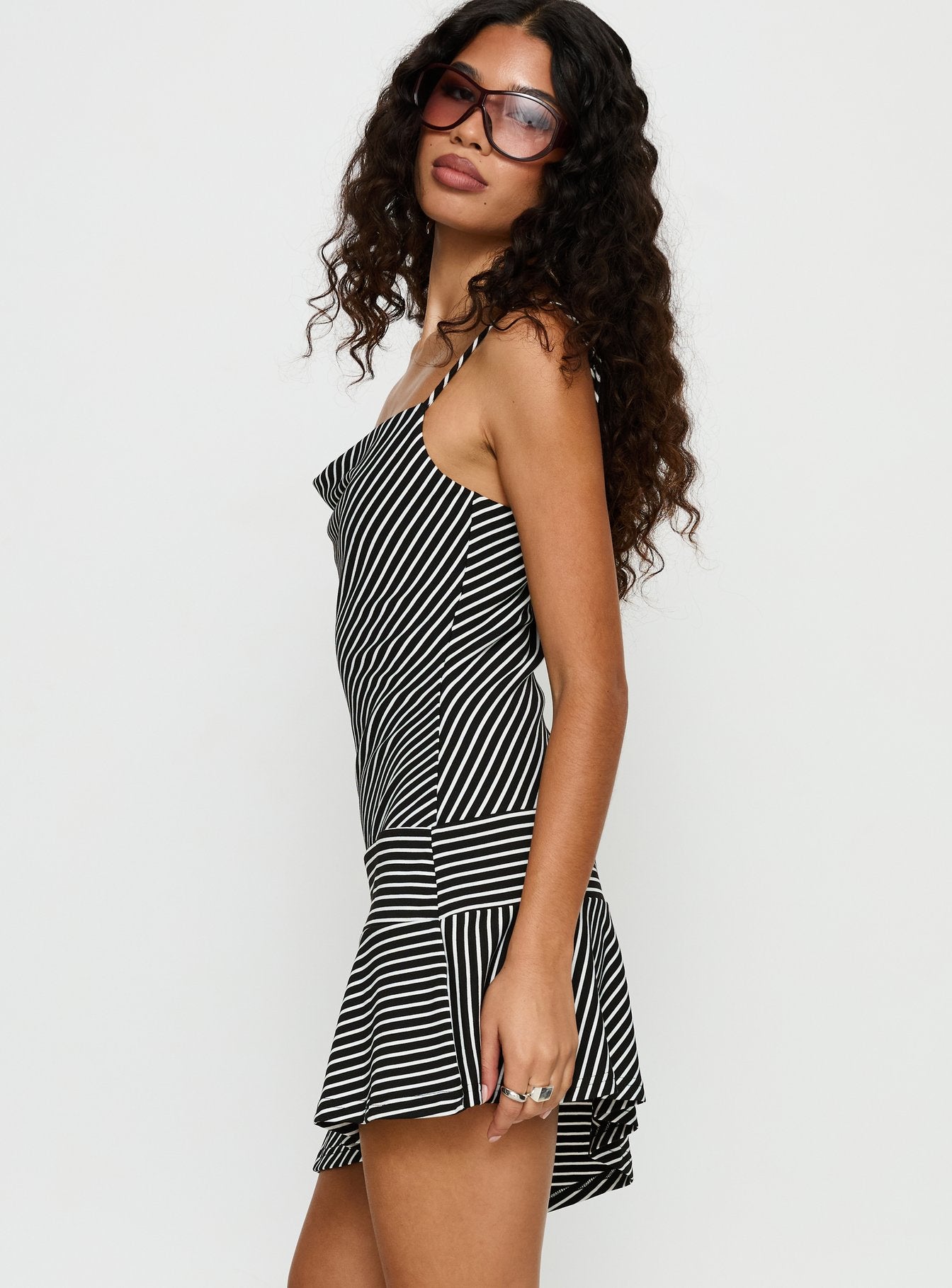 Laurela Asymmetrical Mini Dress Black White Stripe - Image 4