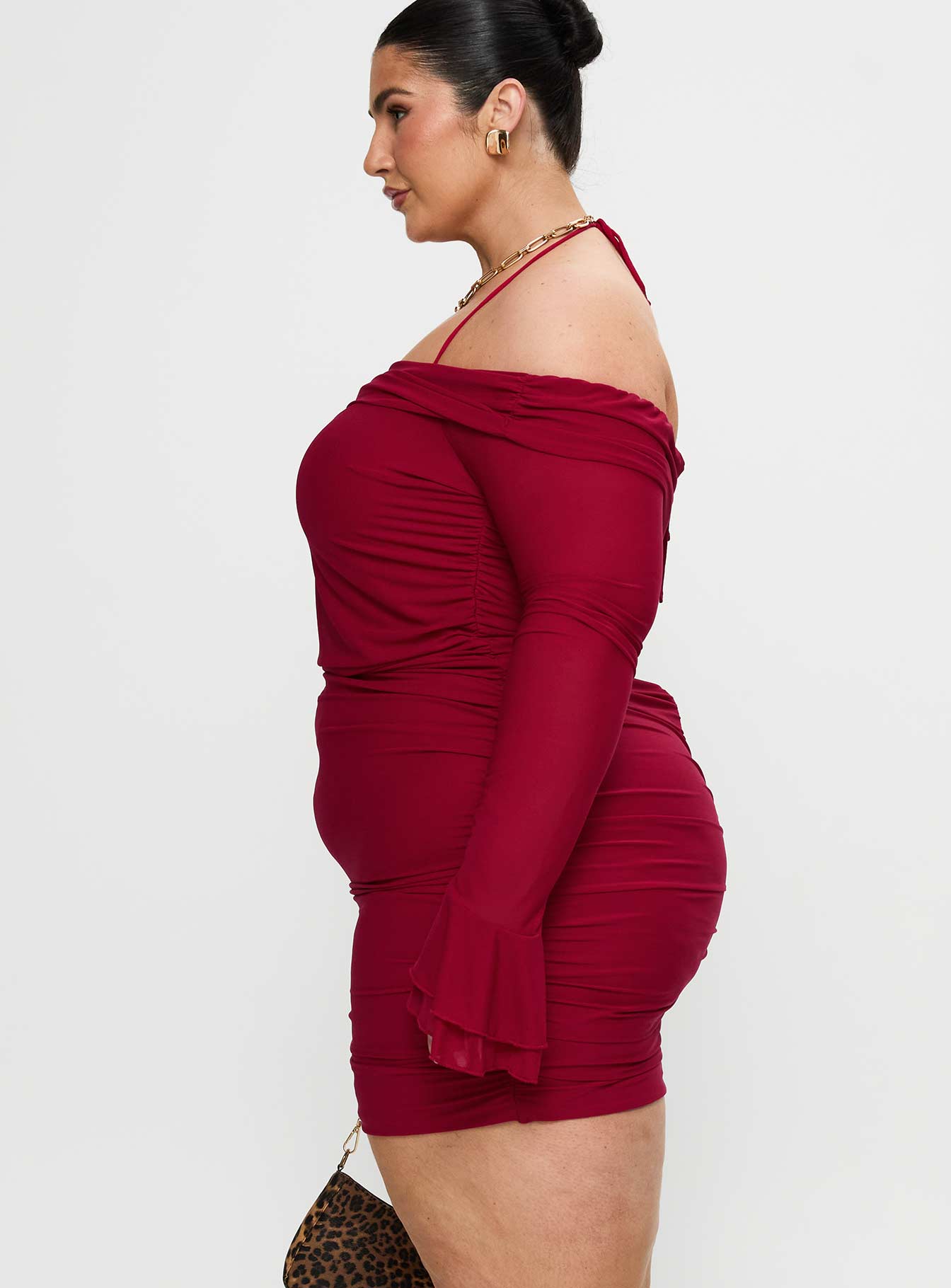 Taylon Off Shoulder Long Sleeve Mini Dress Red Curve - Image 4