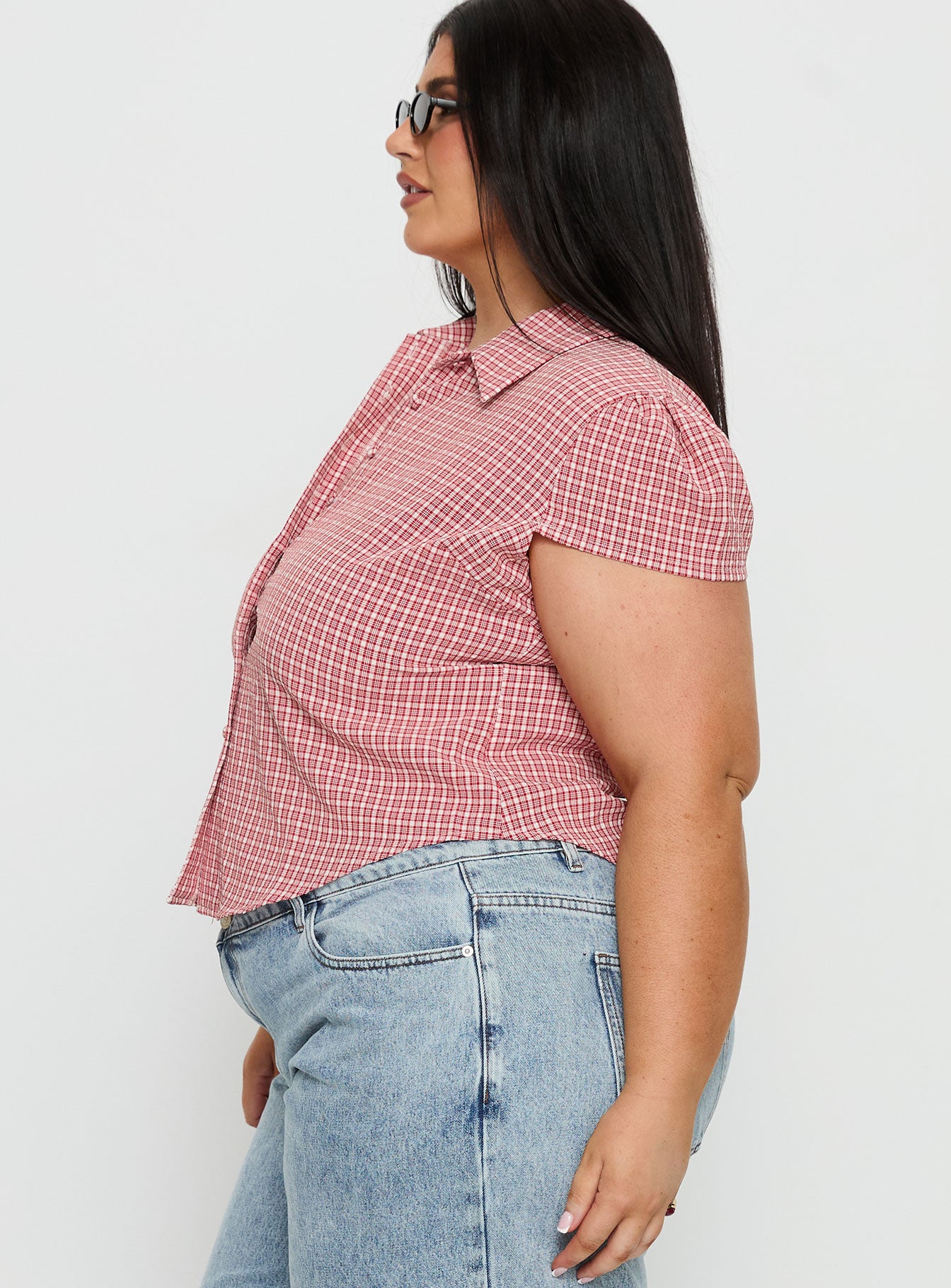 Float Away Button Up Top Red Check Curve - Image 4