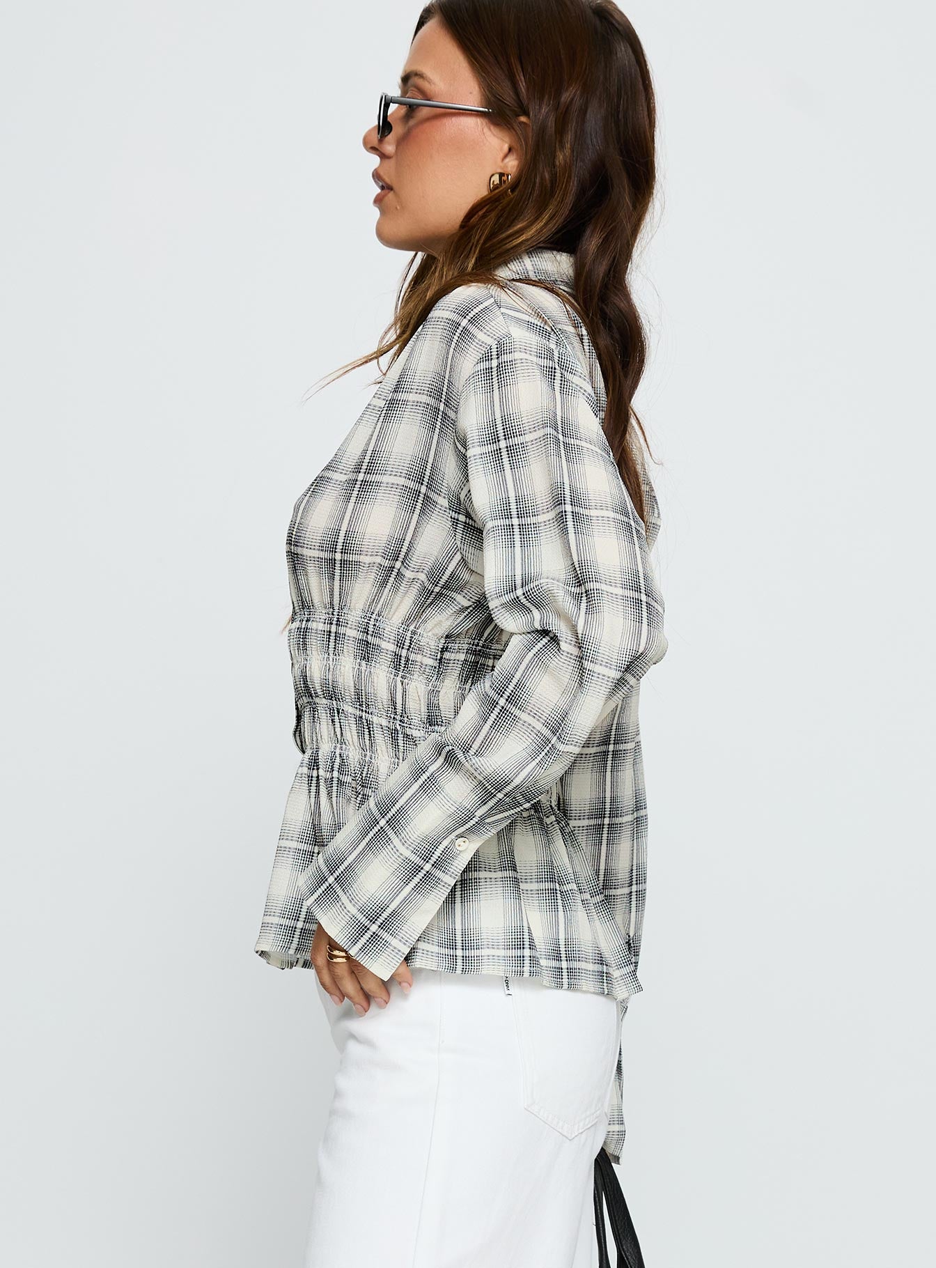 As You Are Shirred Button Up Top Black Check - Image 4
