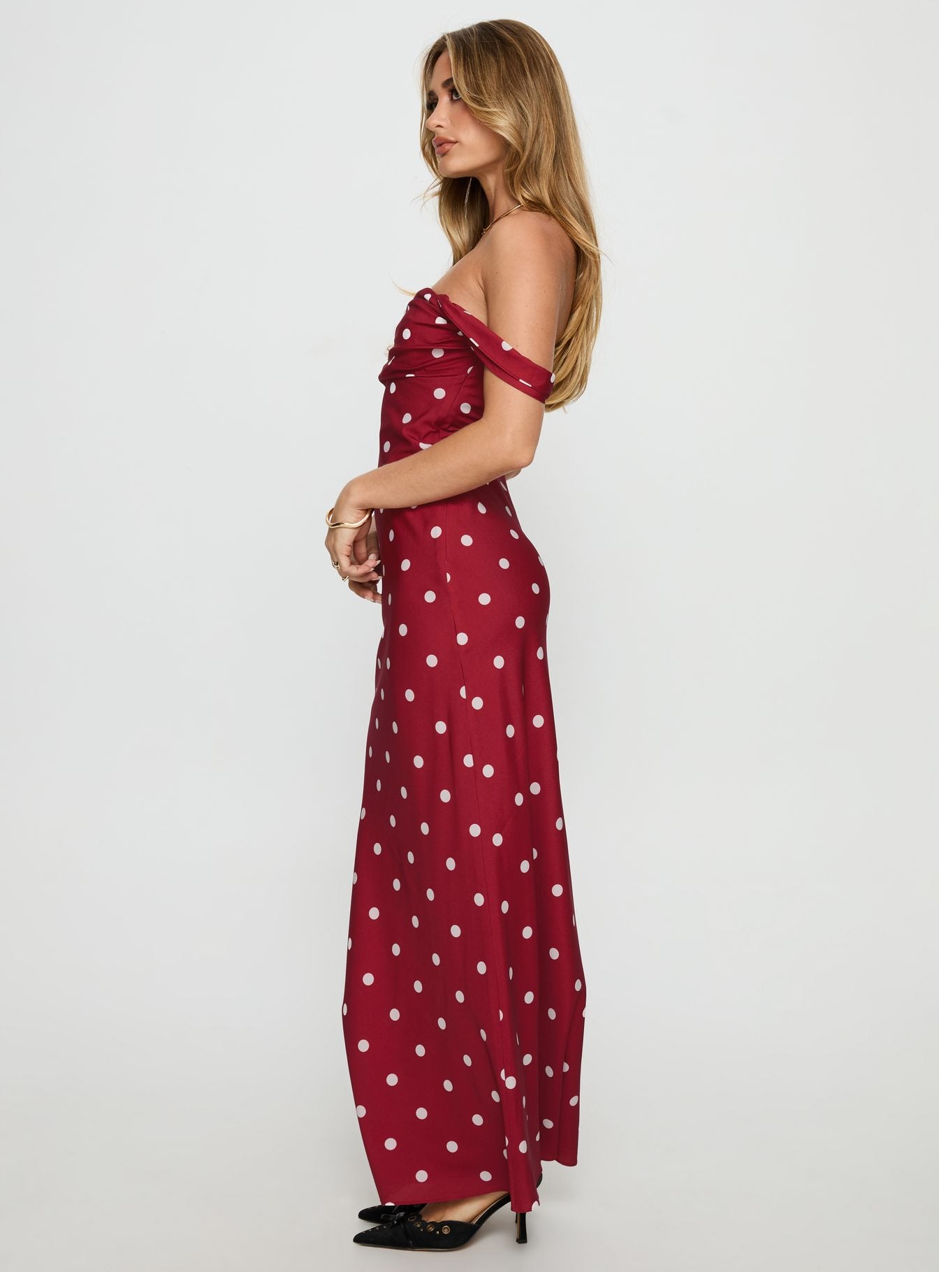 End Credits Off Shoulder Pleat Maxi Dress Red Polka Dot - Image 3