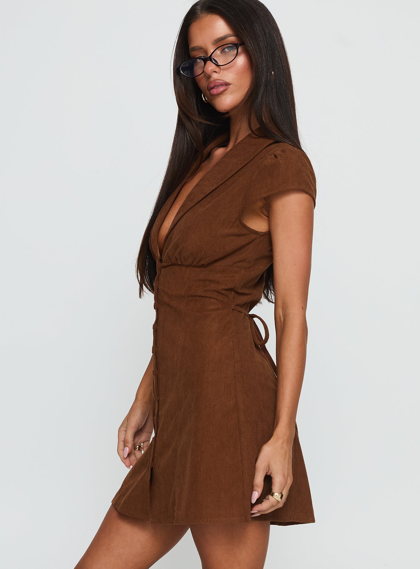 Magdalene Corduroy Button Down Mini Dress Chocolate - Image 4