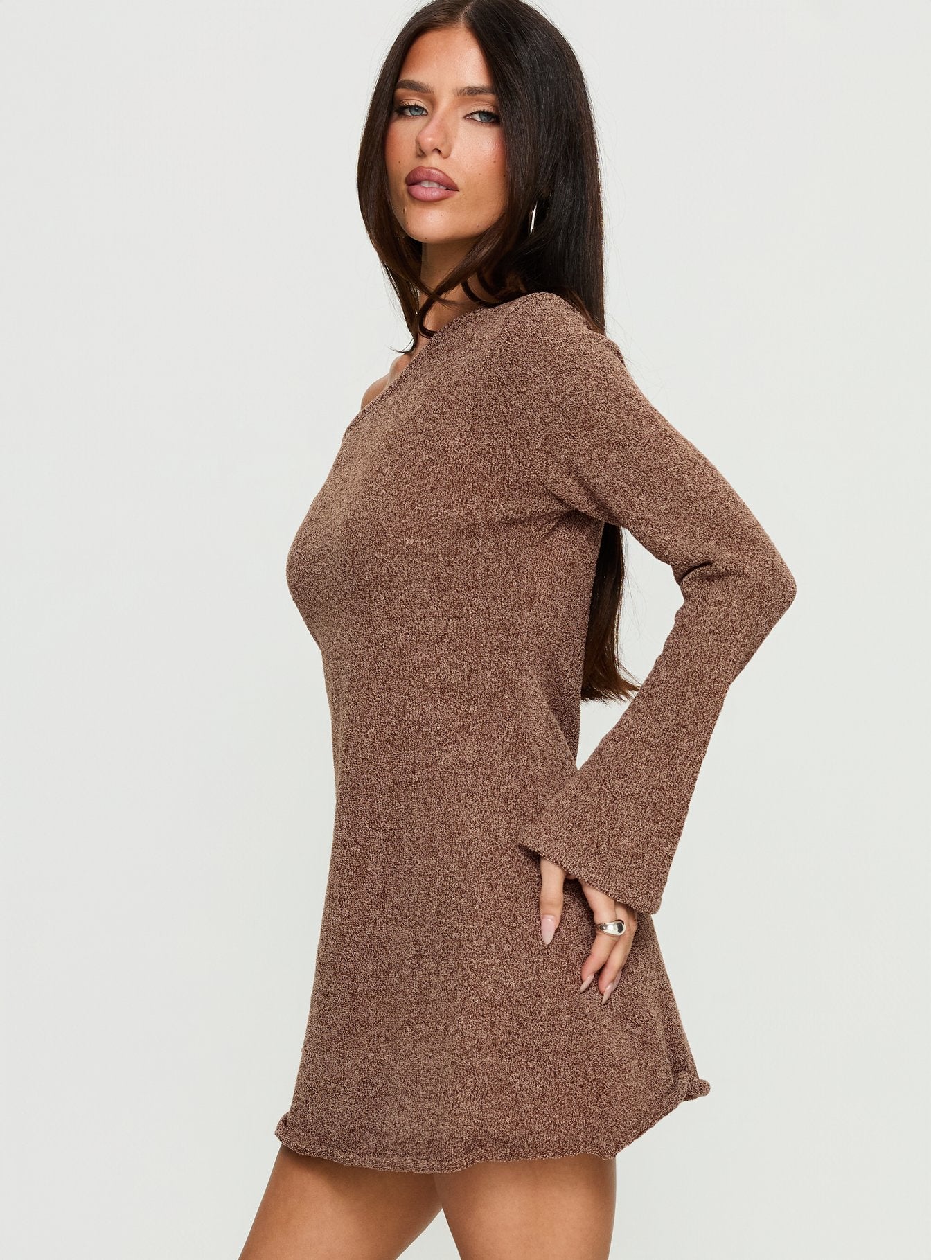 Jaede Off Shoulder Knit Mini Dress Mocha - Image 3