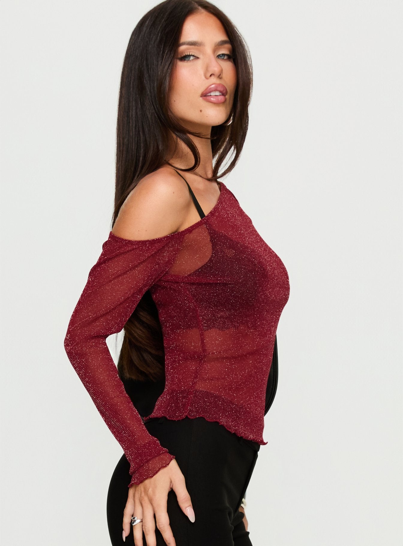 Zondra Sheer One Shoulder Top Burgundy Shimmer - Image 4