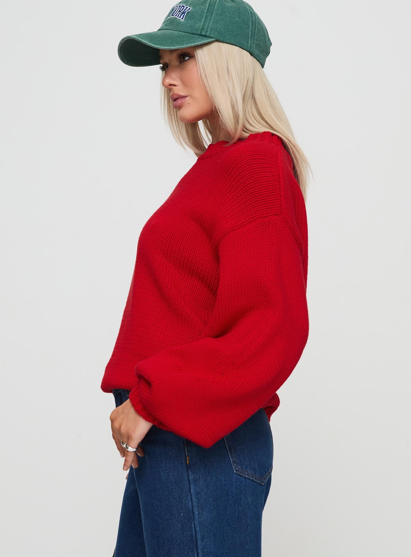 Harmony Balloon Sleeve Knit Sweater Red - Image 4