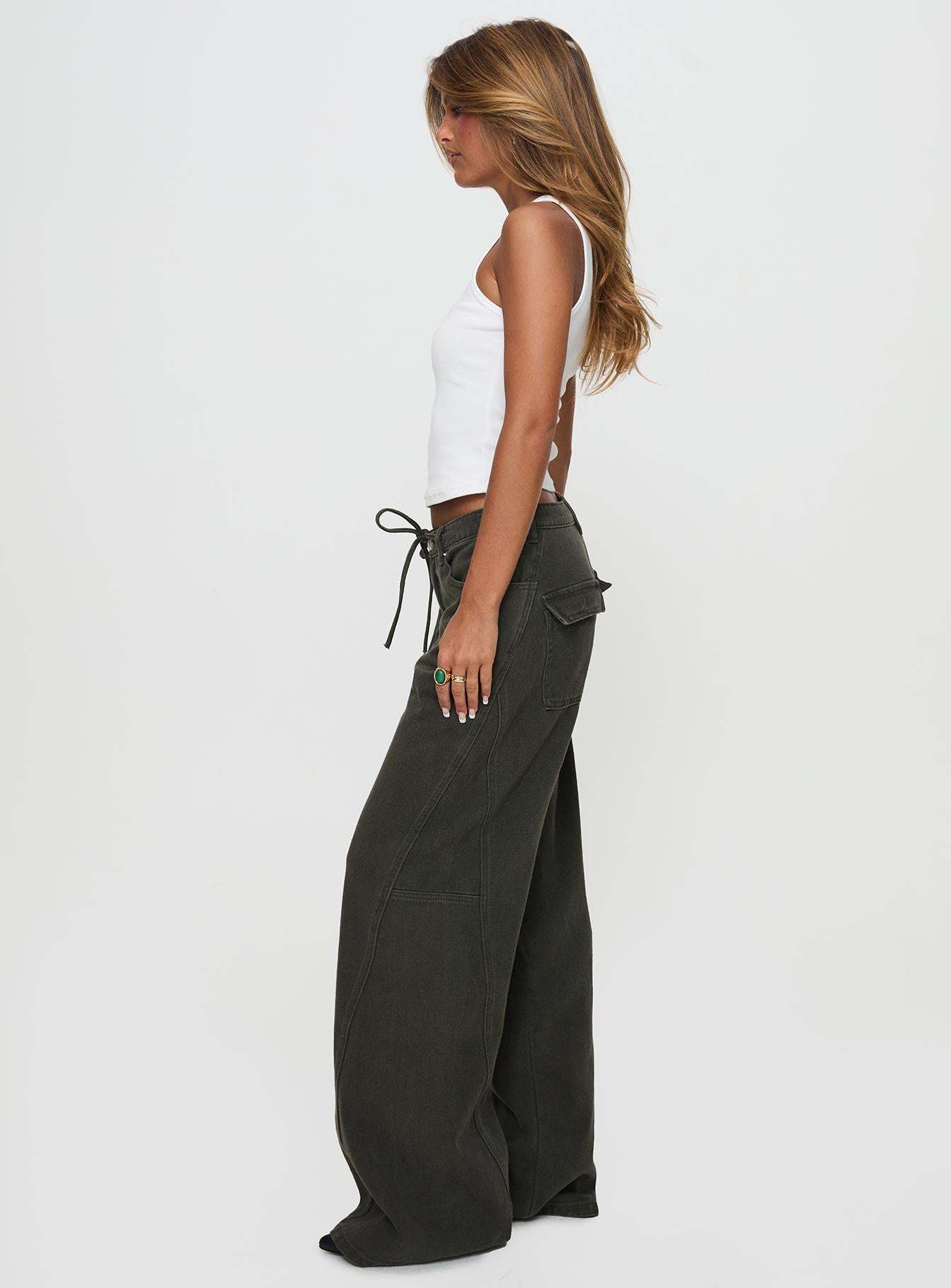 Bruiser Tie Waist Mid Rise Wide Leg Jeans Green Petite - Image 4