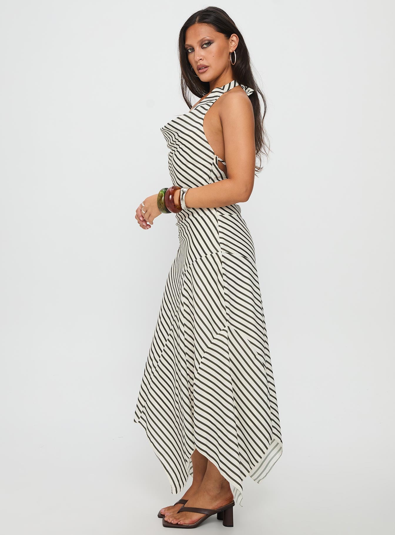 Junipa Halter Asymmetrical Maxi Dress White Stripe - Image 4