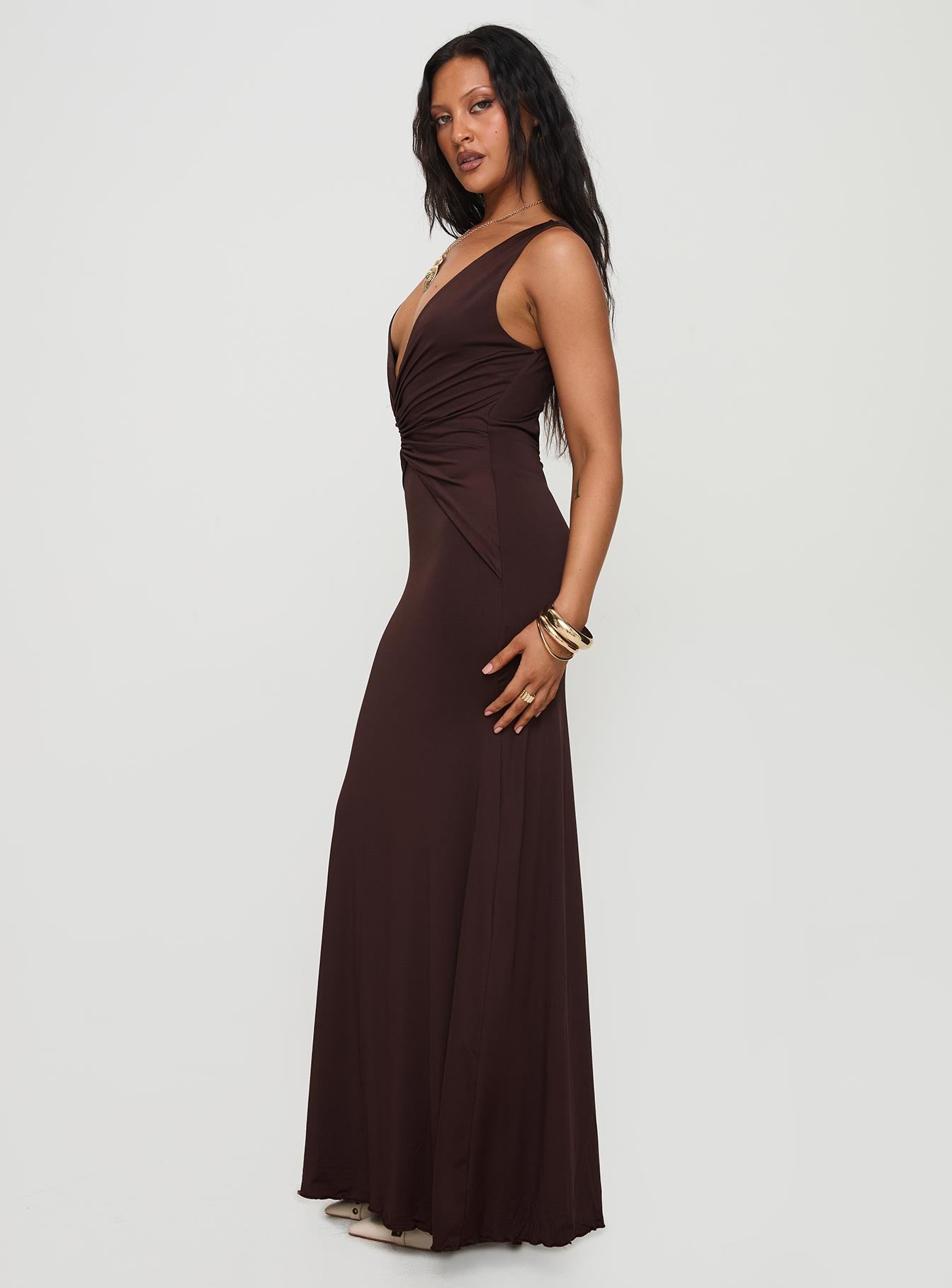Frederica Plunge Maxi Dress Chocolate - Image 4