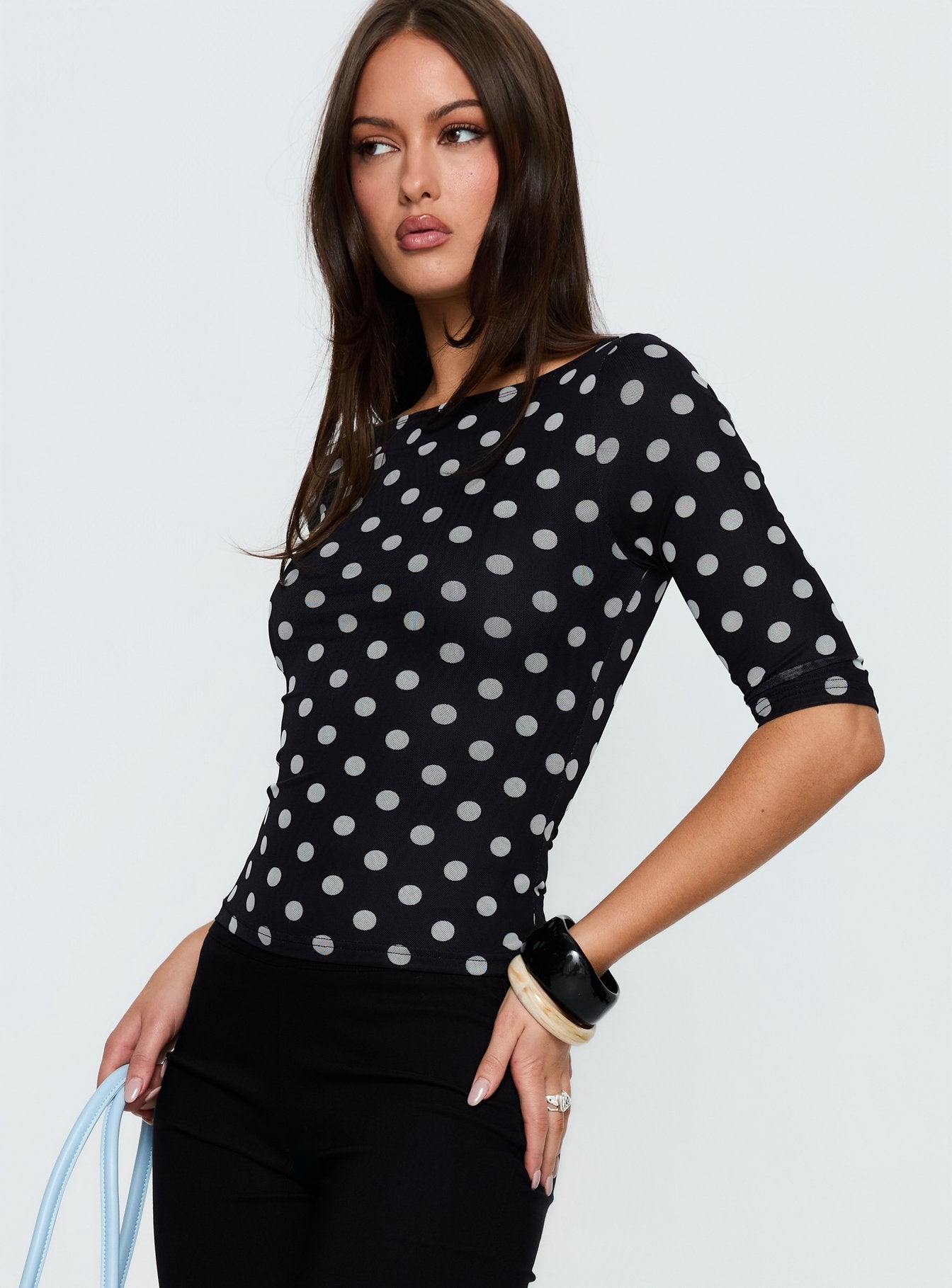 Venna 34 Sleeve Boat Neck Top Black White Polka - Image 4