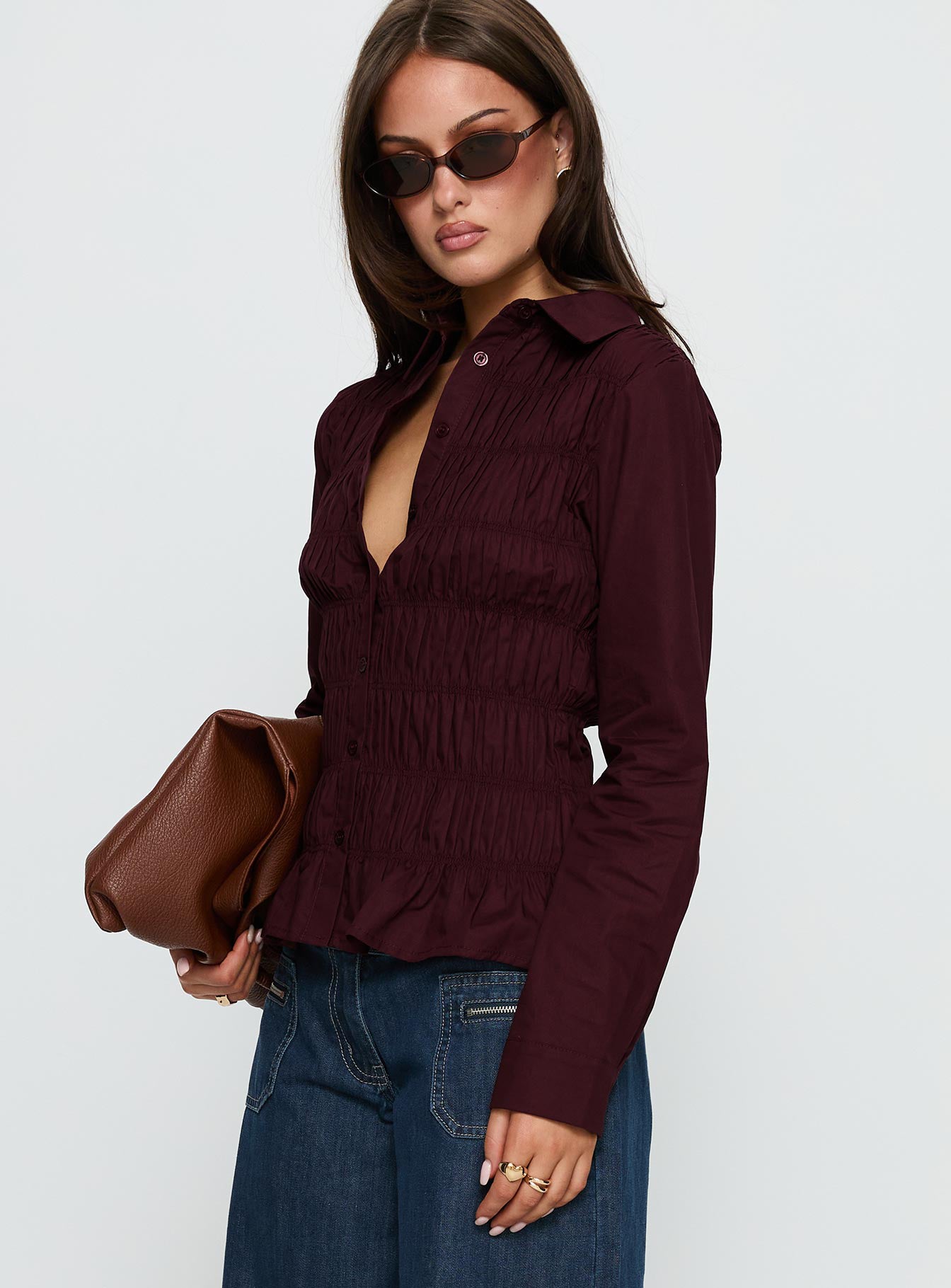 Cultivate Shirred Long Sleeve Top Plum - Image 3