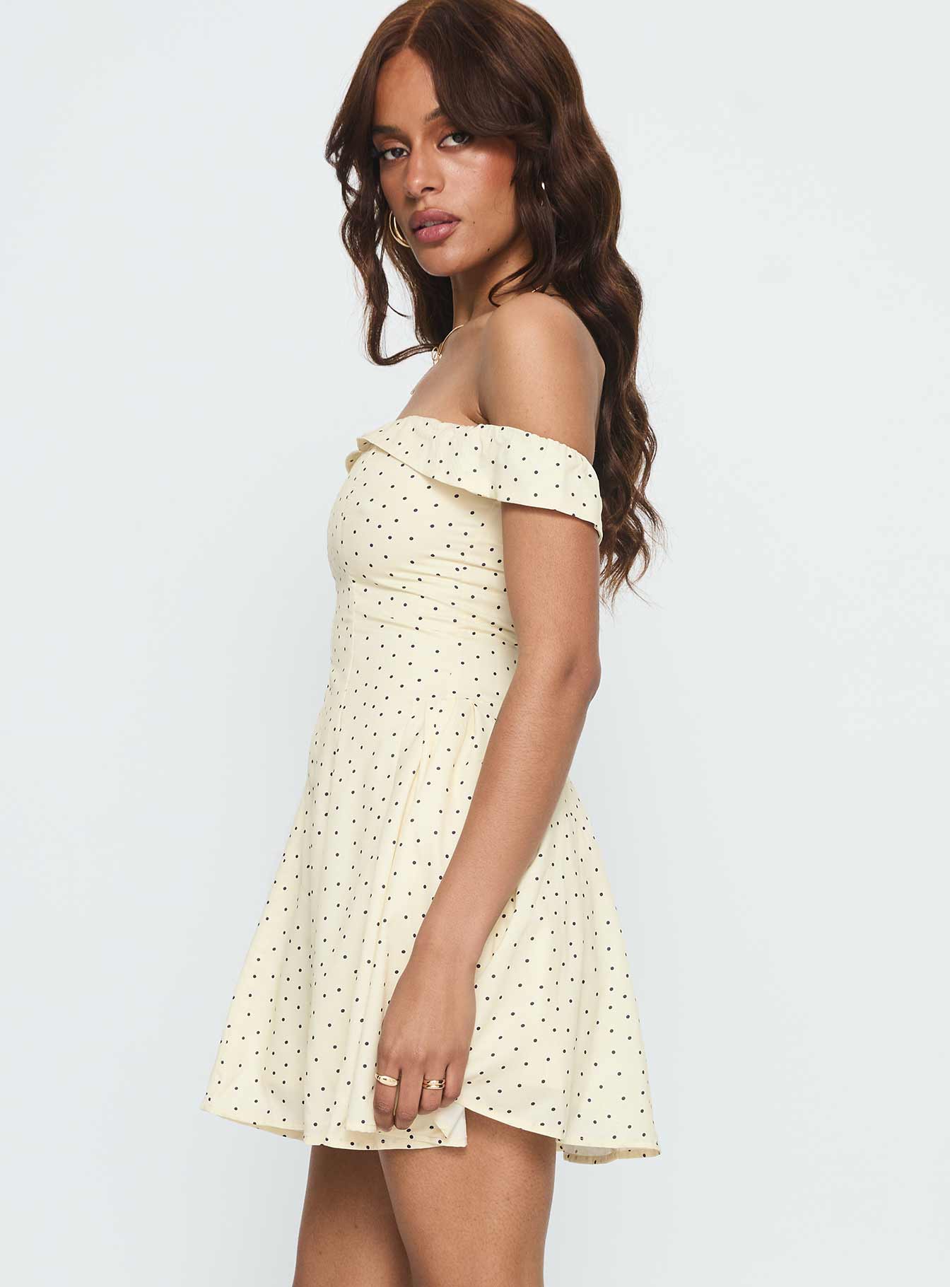 Rosebud Off The Shoulder Mini Dress Yellow Polka Dot - Image 3