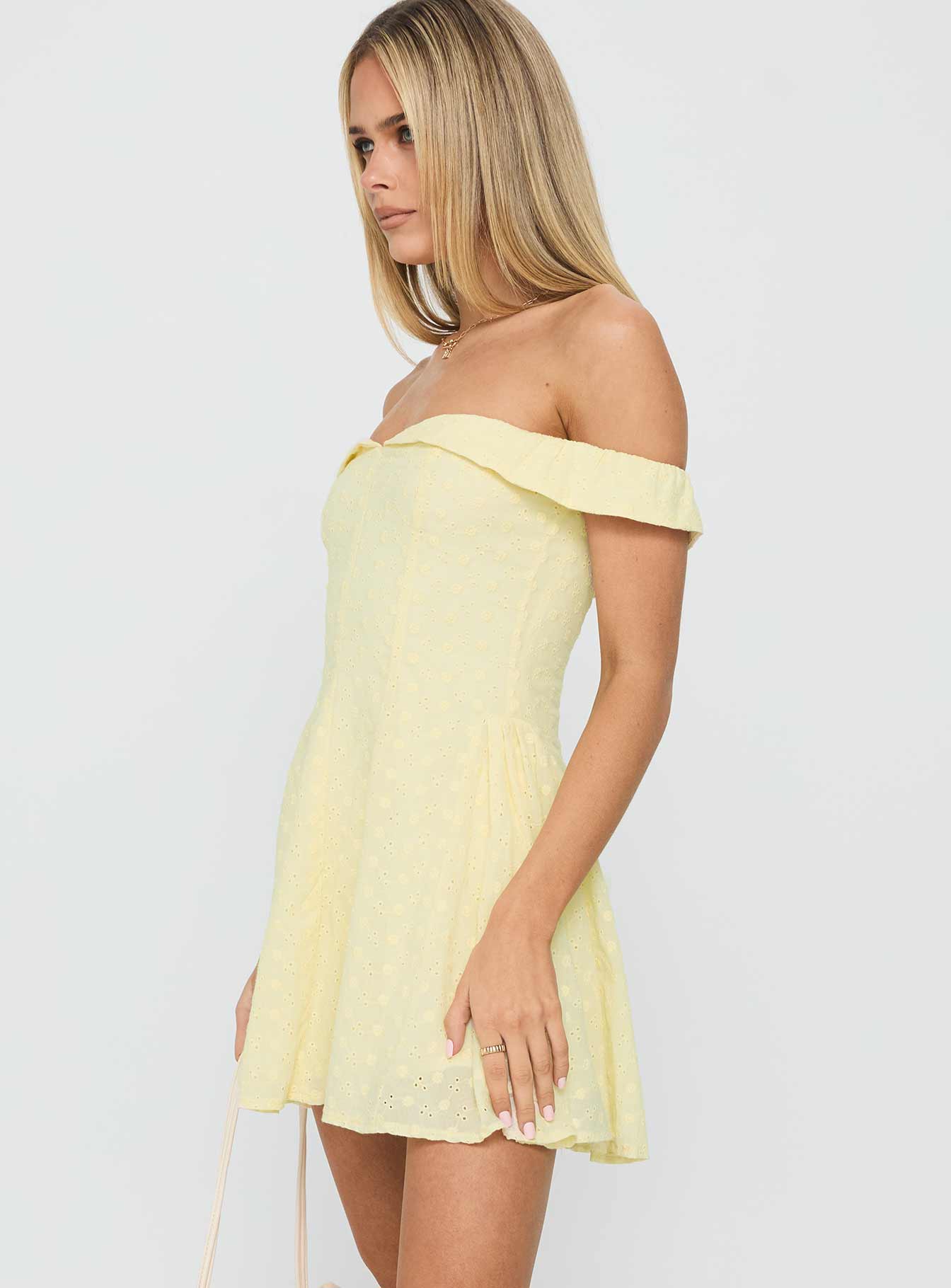 Rosebud Off The Shoulder Mini Dress Lemon - Image 4